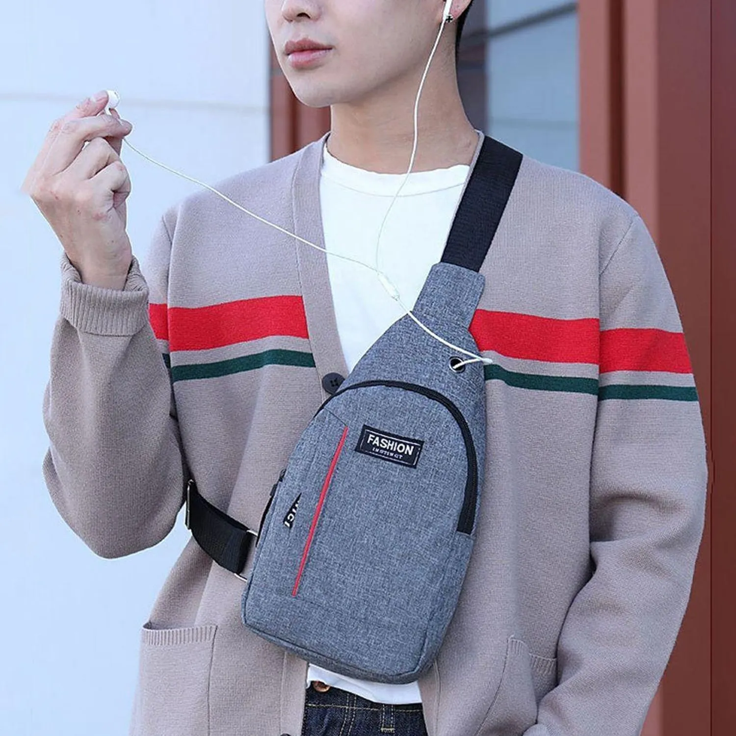 0323 Waterproof Anti Theft Crossbody fanny pack waist bag Shoulder Bags Chest Men Casual fashion USB Charging earphone hook Sling Travel Messengers Bag (grey / blue color)