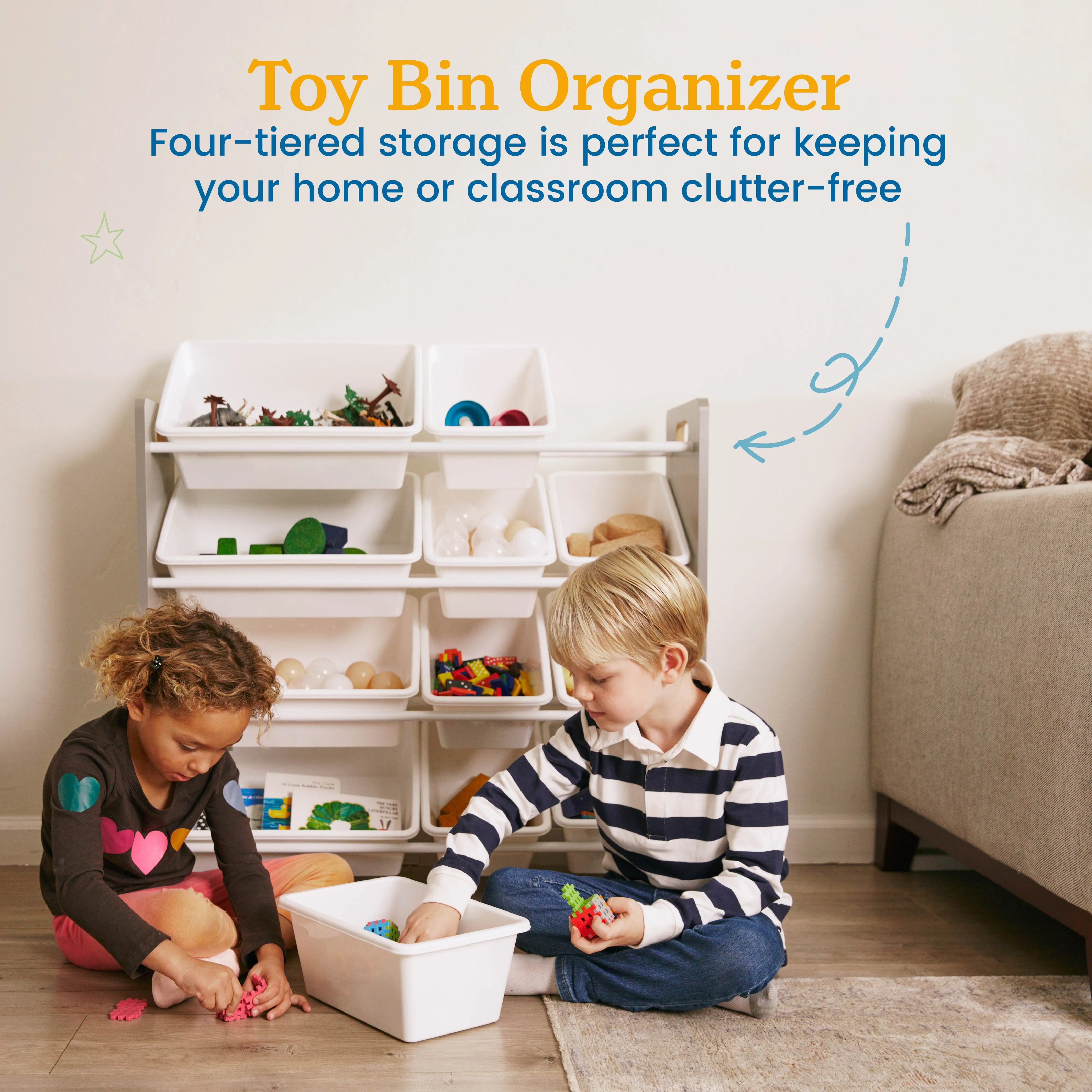 4-Tier Organizer with 12 Bins, Toy Storage