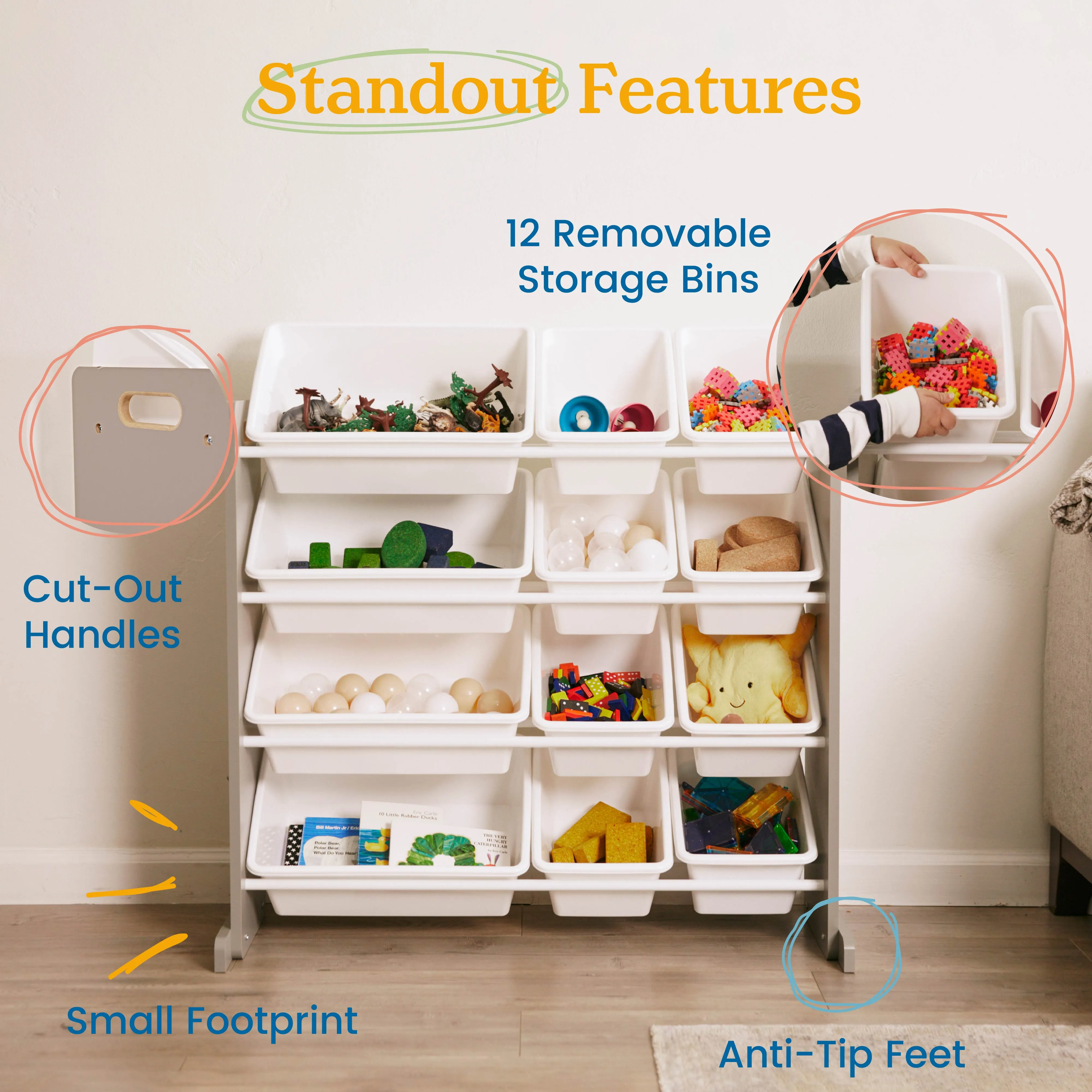 4-Tier Organizer with 12 Bins, Toy Storage