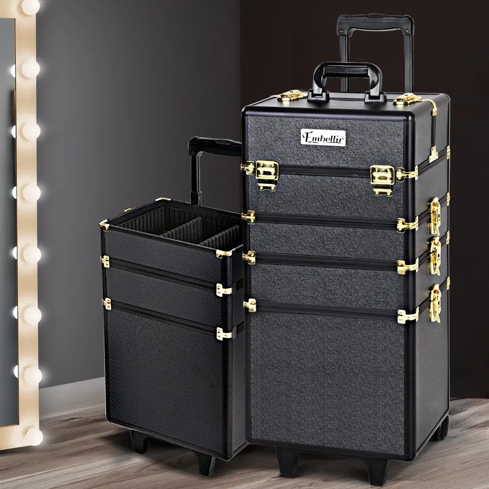 7-in-1 Makeup Trolley w/ Wheels, Gold, Adjustable Trays - Embellir