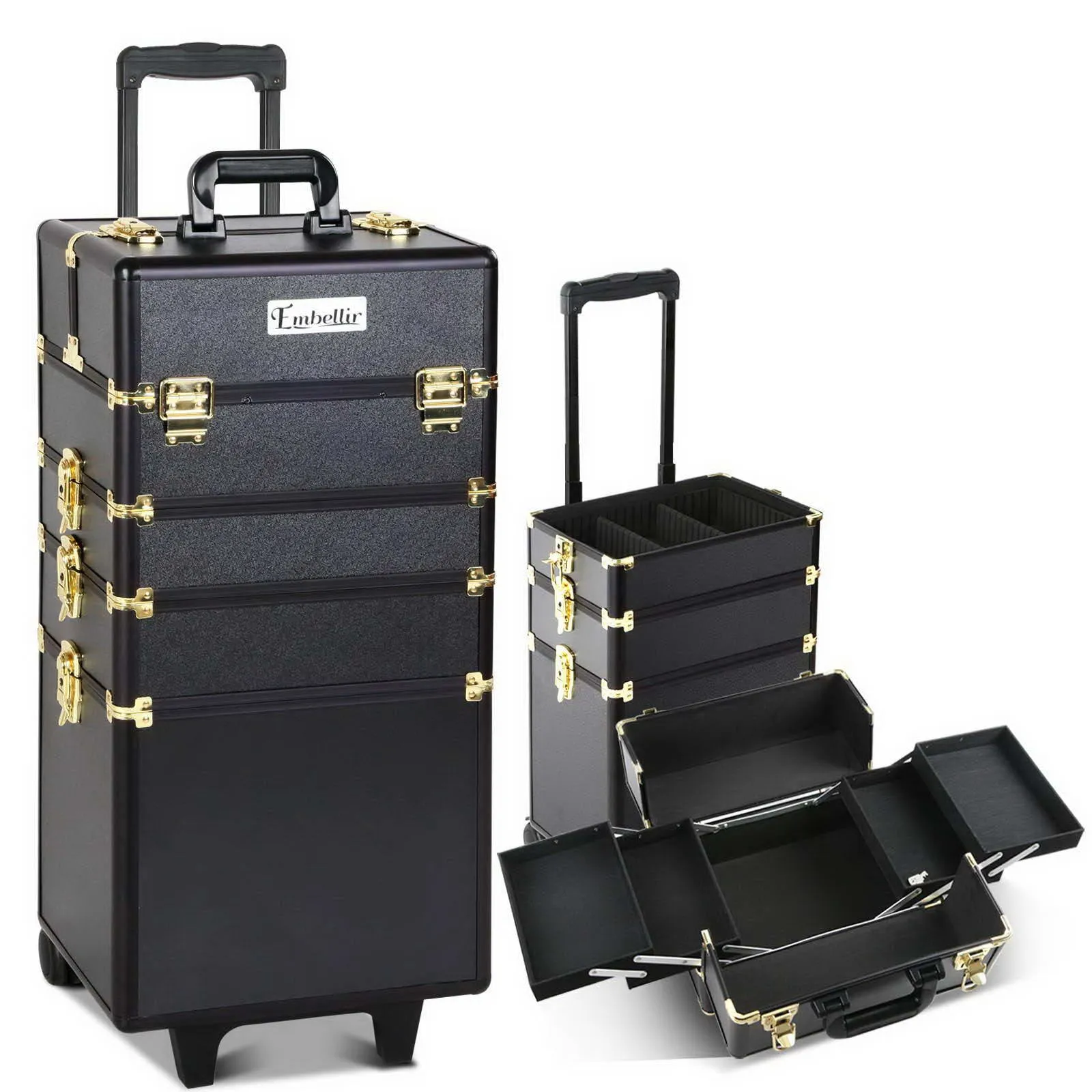 7-in-1 Makeup Trolley w/ Wheels, Gold, Adjustable Trays - Embellir