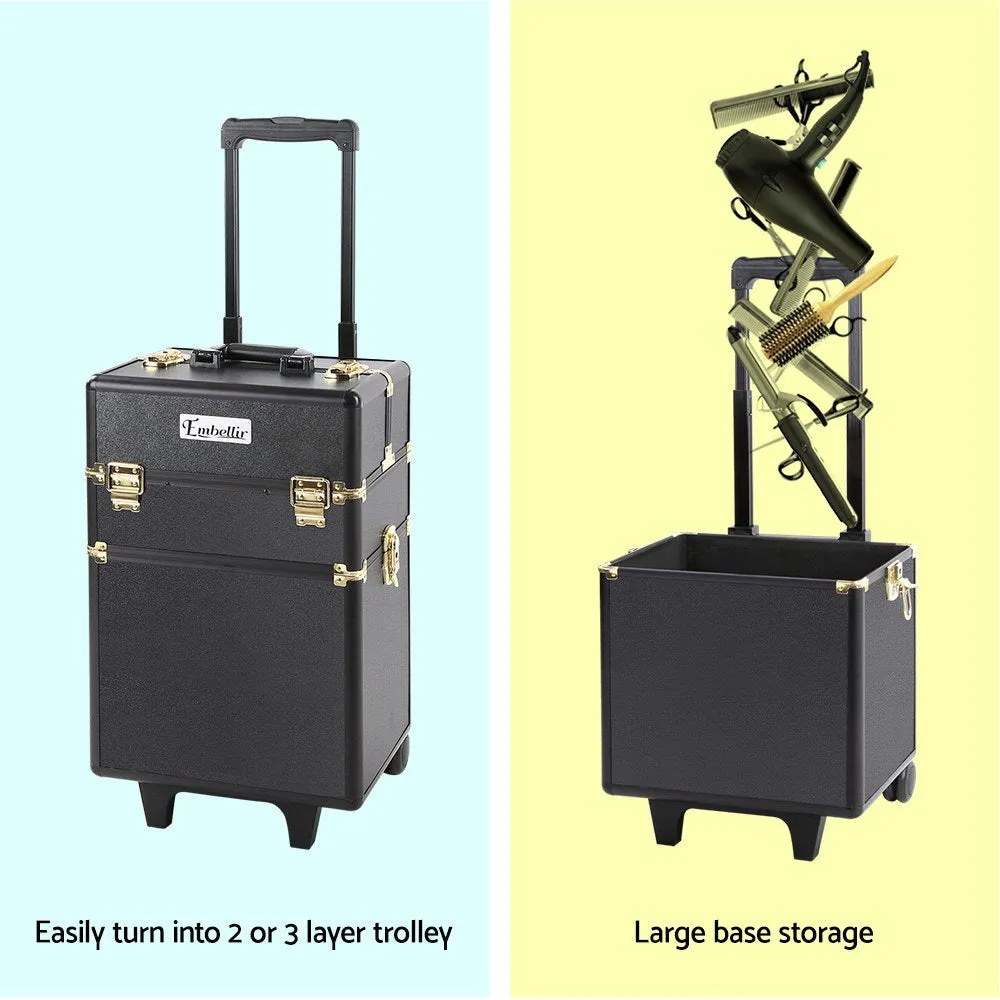 7-in-1 Makeup Trolley w/ Wheels, Gold, Adjustable Trays - Embellir