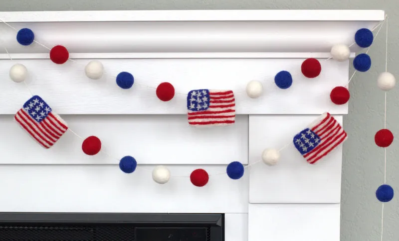 American Flag Garland with Felt Balls- Red White Blue