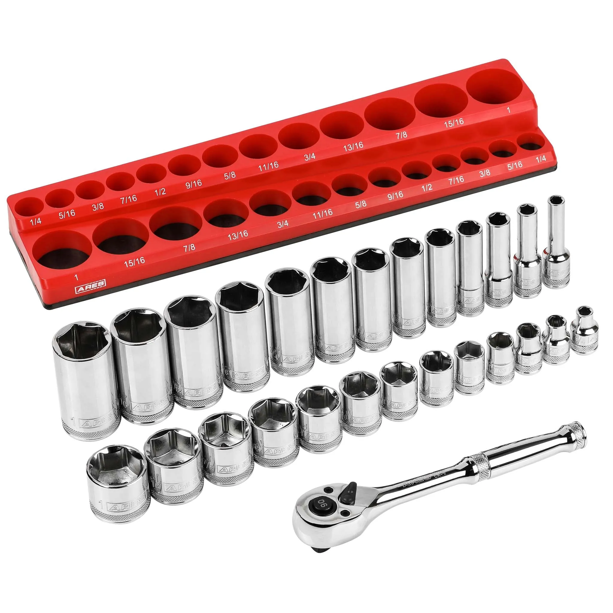 ARES 47007 - 28-Piece 3/8-inch Drive SAE Socket and 90-Tooth Ratchet Set with Magnetic Organizer