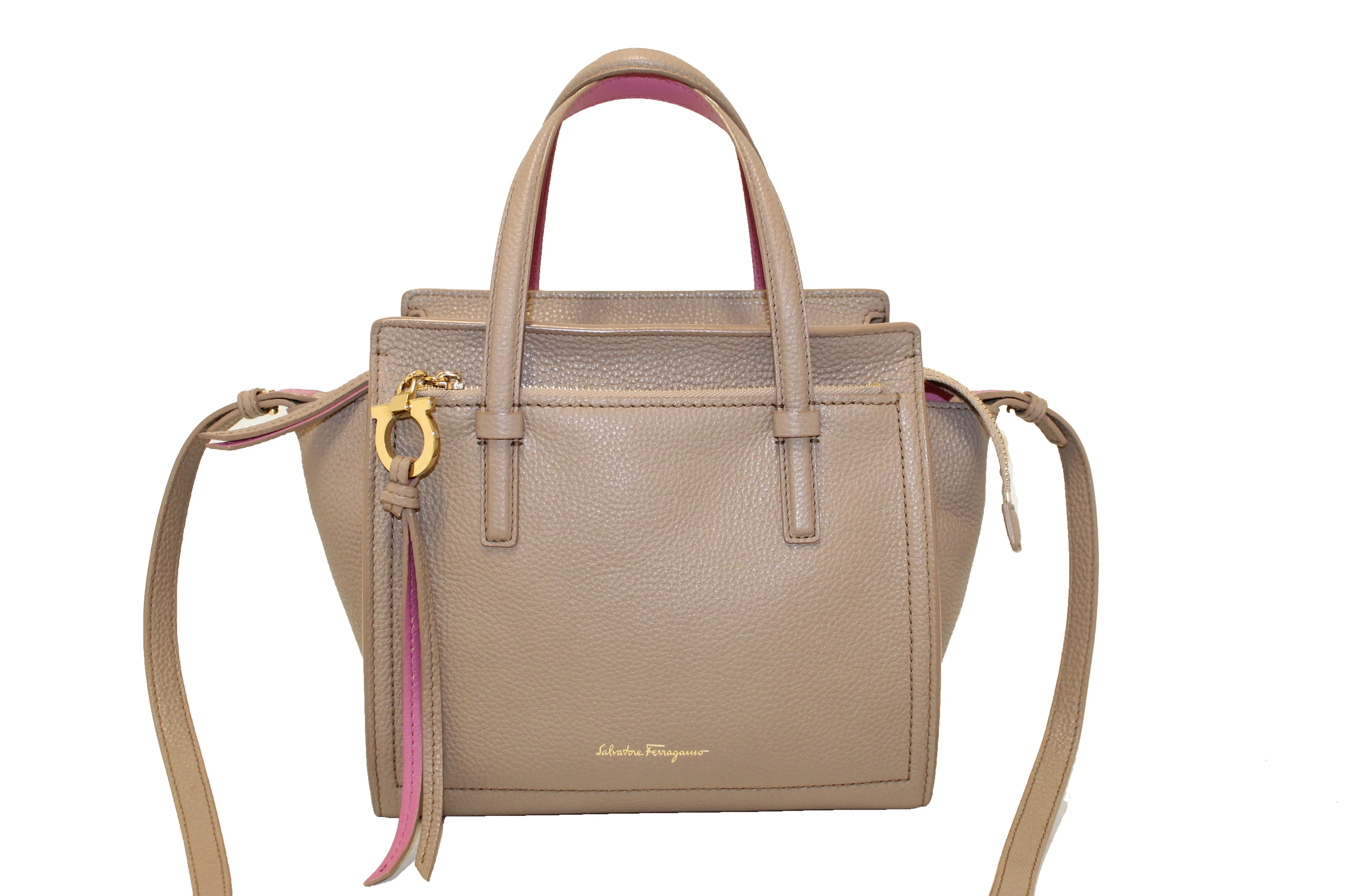 Authentic Salvatore Ferragamo Taupe Pink Bi-color Leather Double Handle bag