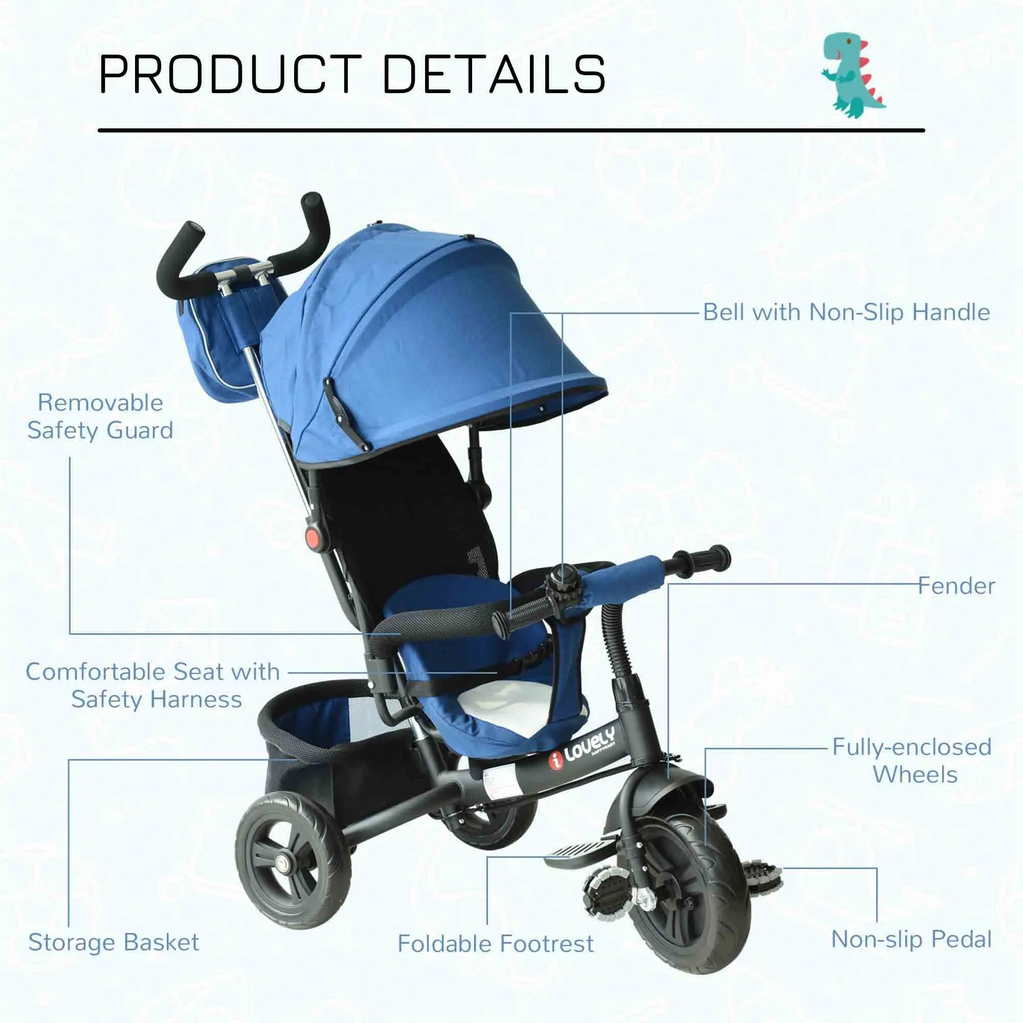 Baby Ride on Tricycle W/Canopy-Blue