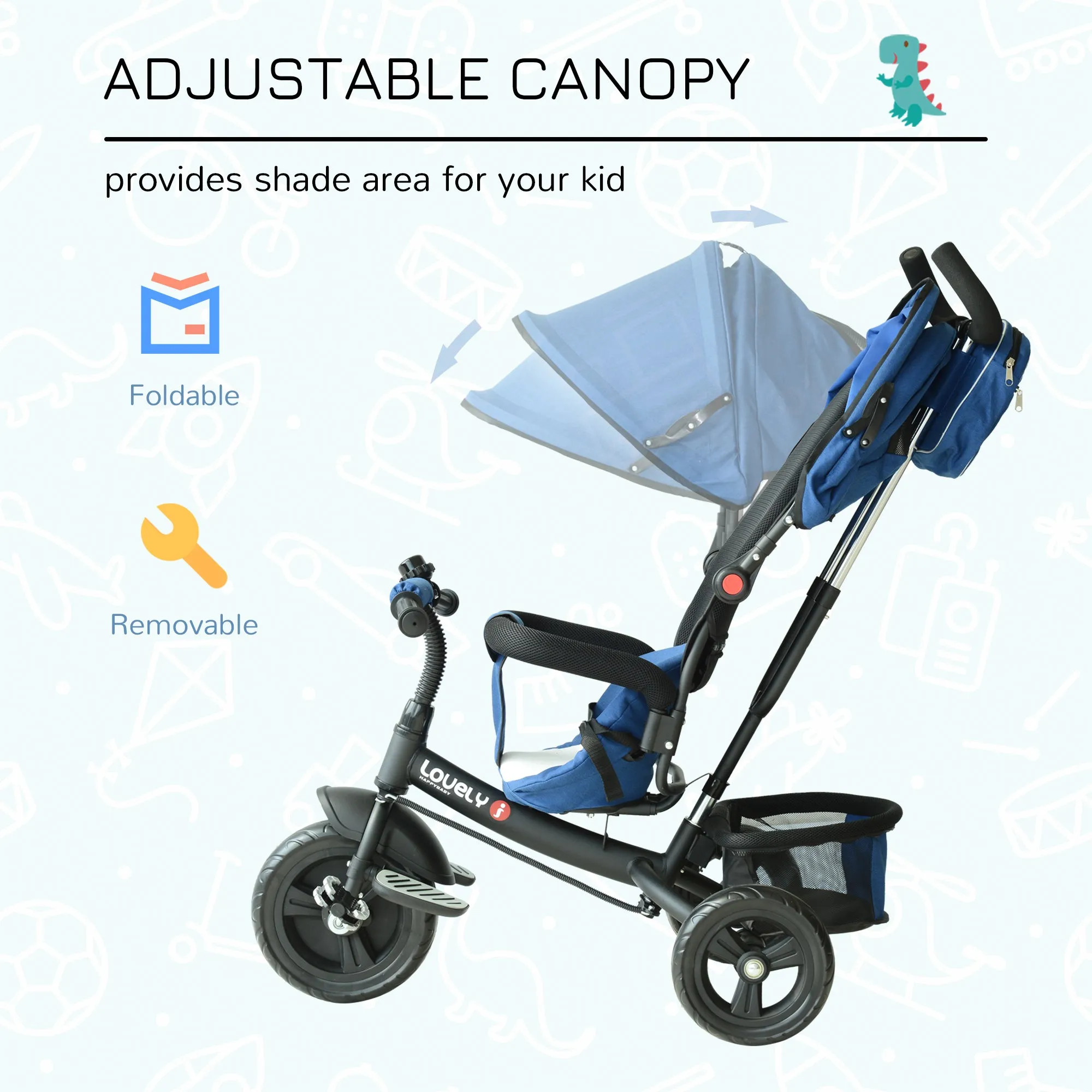 Baby Ride on Tricycle W/Canopy-Blue