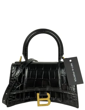 Balenciaga Black Embossed Crocodile Hourglass XS Top Handle Crossbody Bag