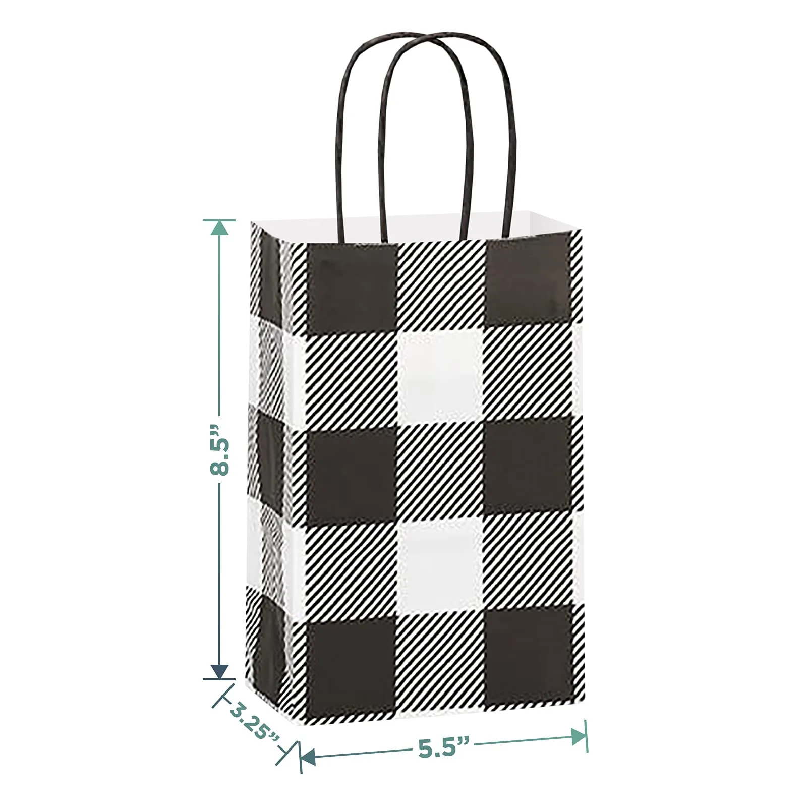 Black & White Buffalo Plaid Fall and Christmas Holiday Paper Gift Bags, Small Size 5.5x3.25x8.5" (12 Pack)