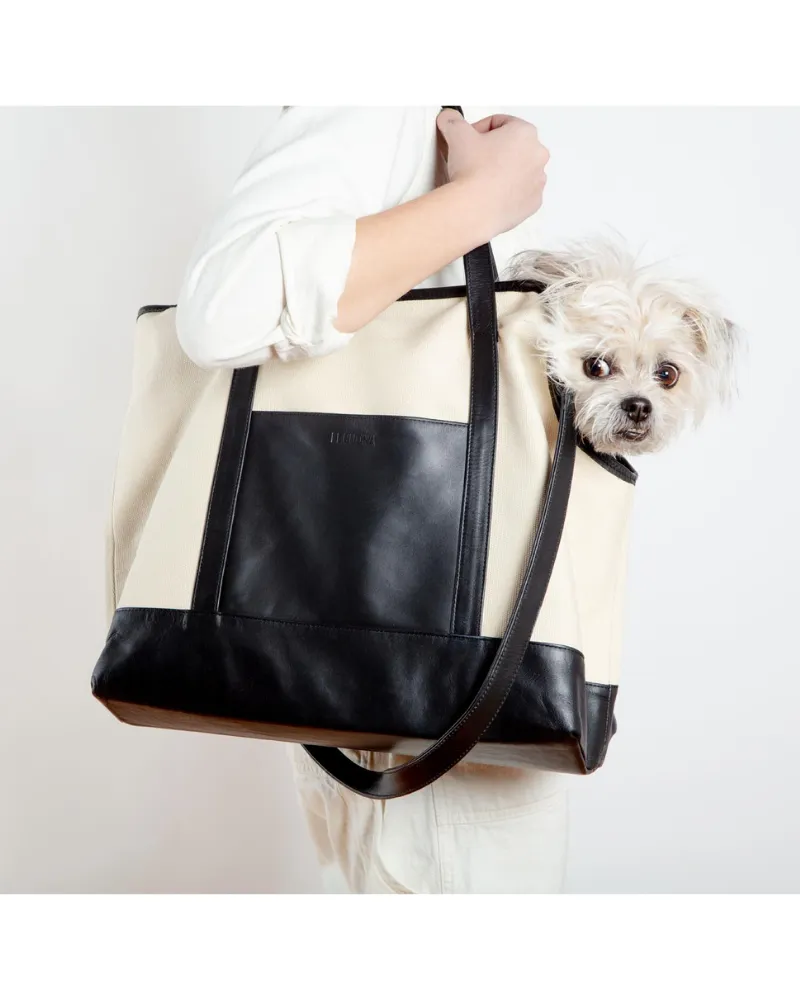 Black Leather & Natural Canvas Luxe Dog Carrier (Made in Mexico)(Dog & Co. Exclusive) (FINAL SALE)