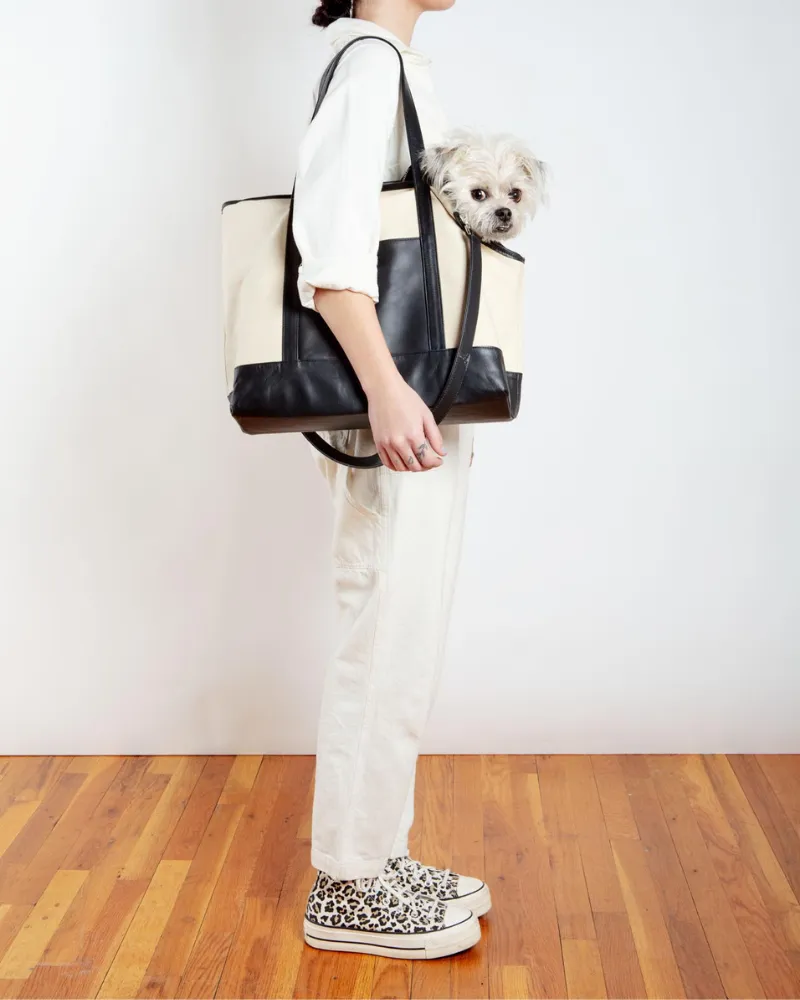 Black Leather & Natural Canvas Luxe Dog Carrier (Made in Mexico)(Dog & Co. Exclusive) (FINAL SALE)