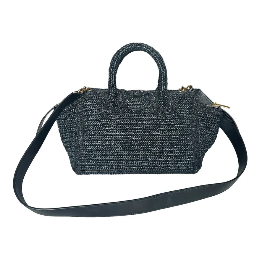 Black Raffia Tote w/Crossbody Strap