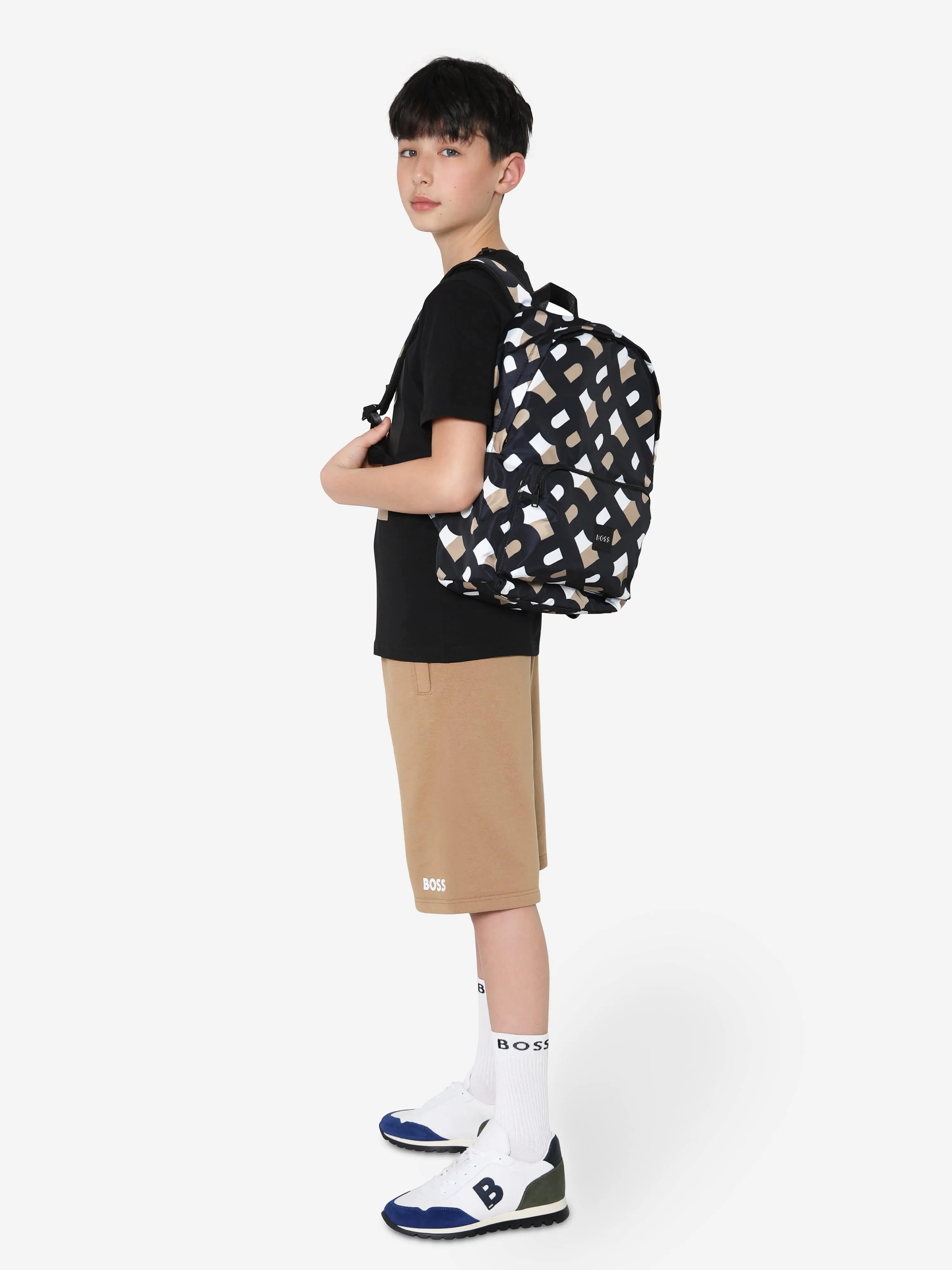 BOSS Kids Monogram Backpack In Brown