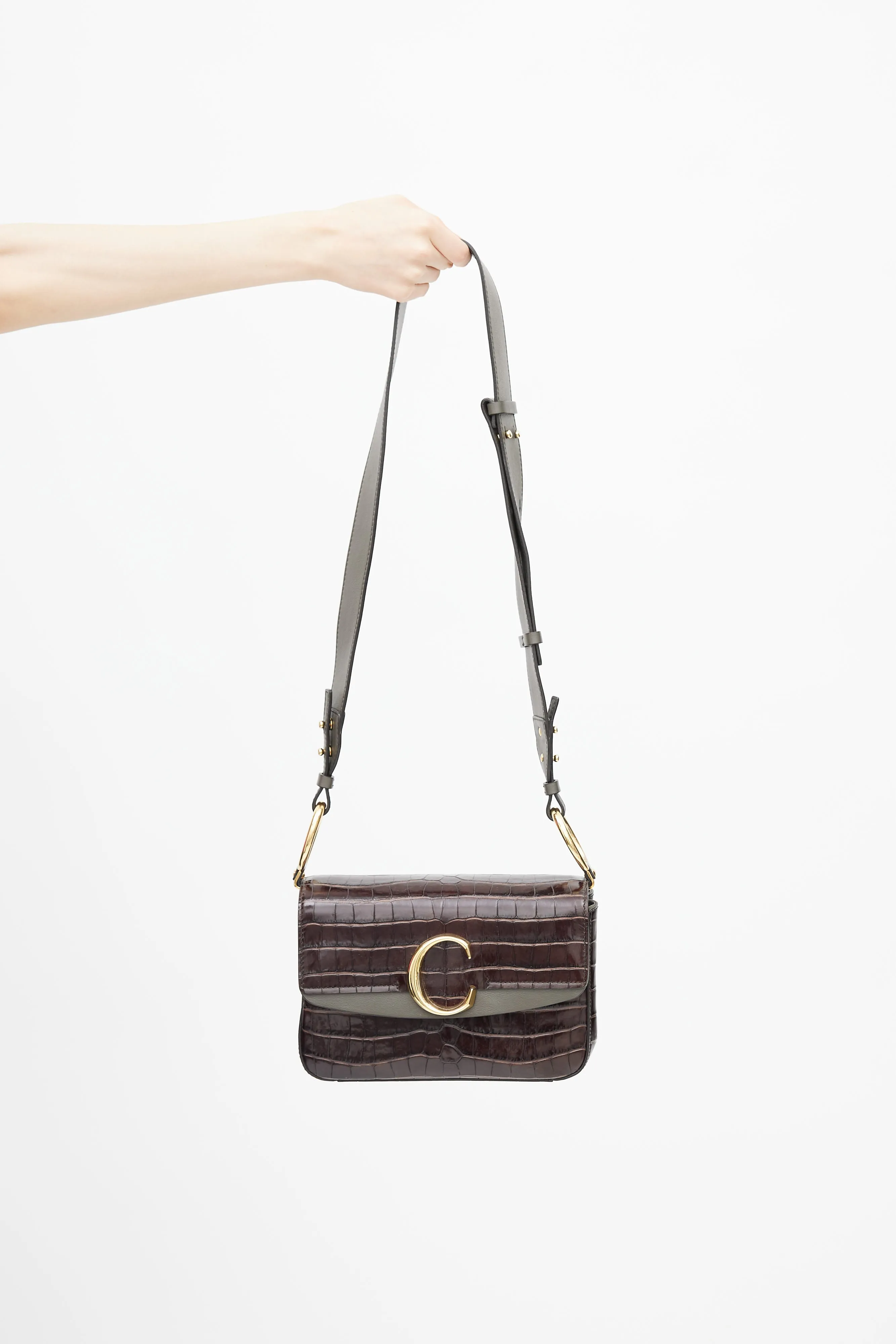 Brown Textured Small C Double Carry Crossbody Bag