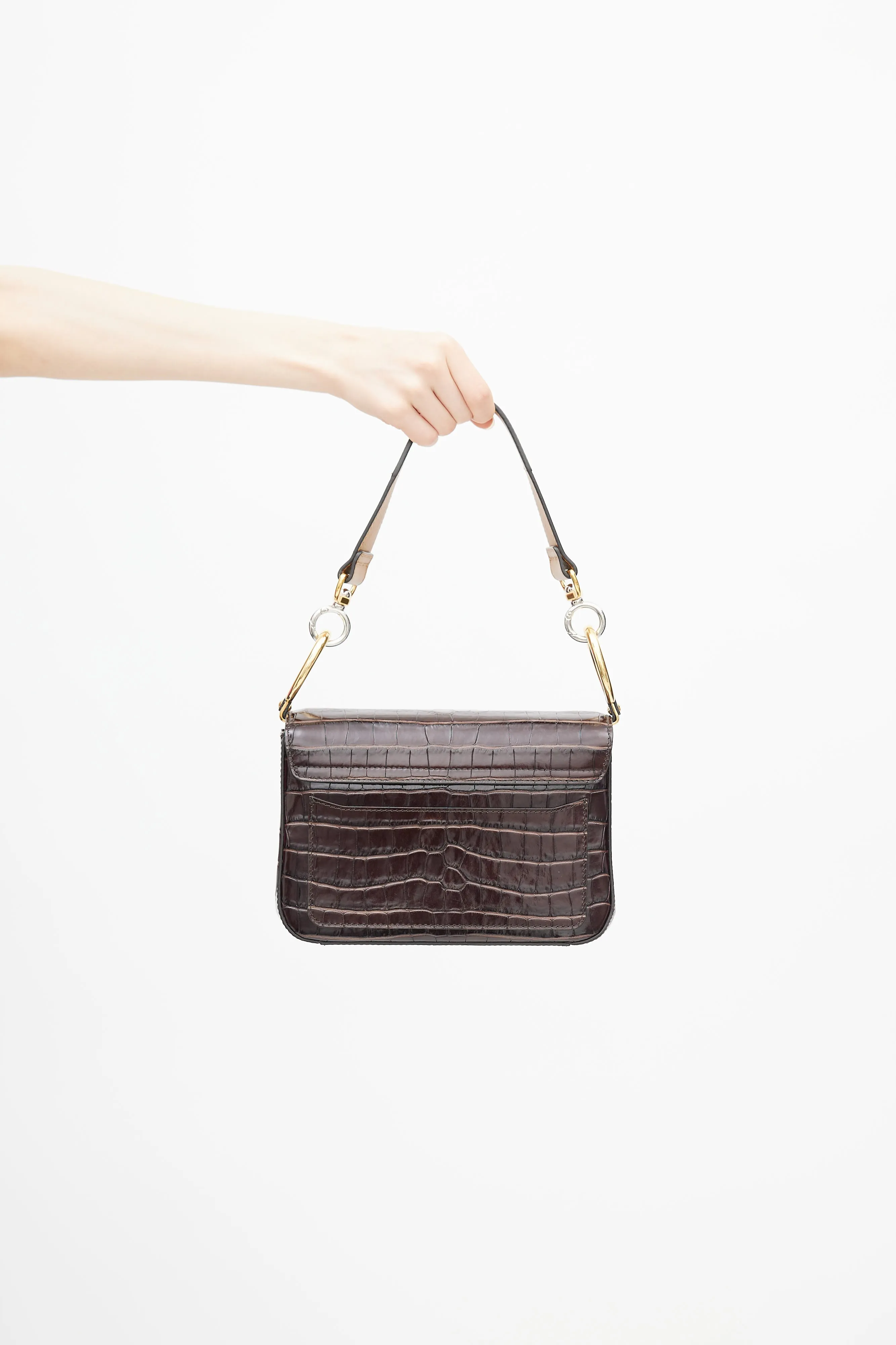 Brown Textured Small C Double Carry Crossbody Bag