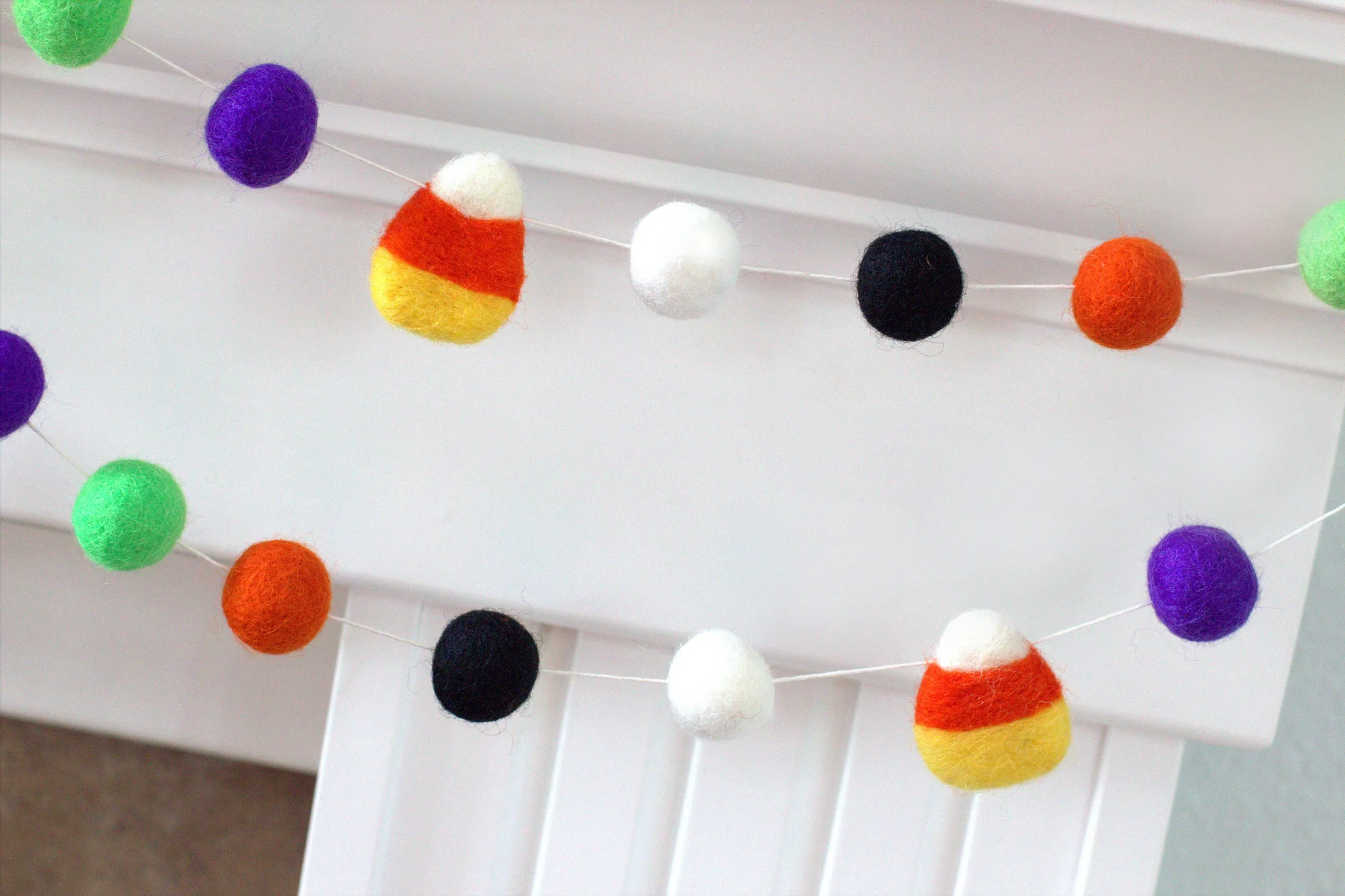 Candy Corn Felt Ball Garland- Orange Black Purple Green White