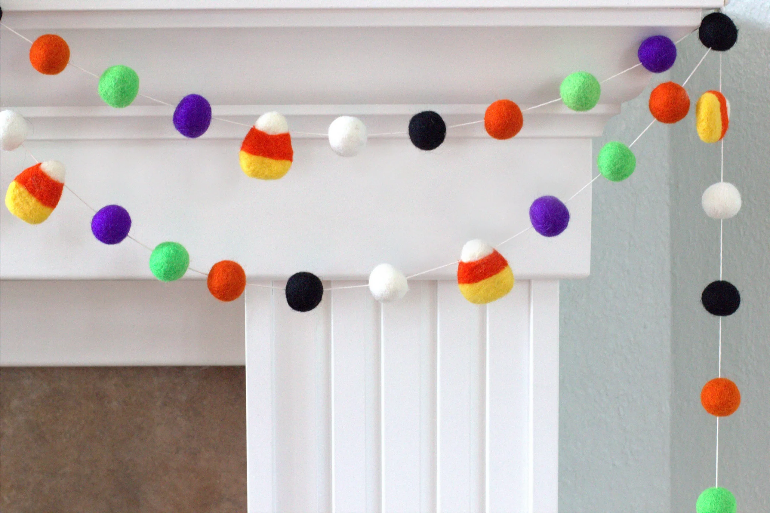 Candy Corn Felt Ball Garland- Orange Black Purple Green White