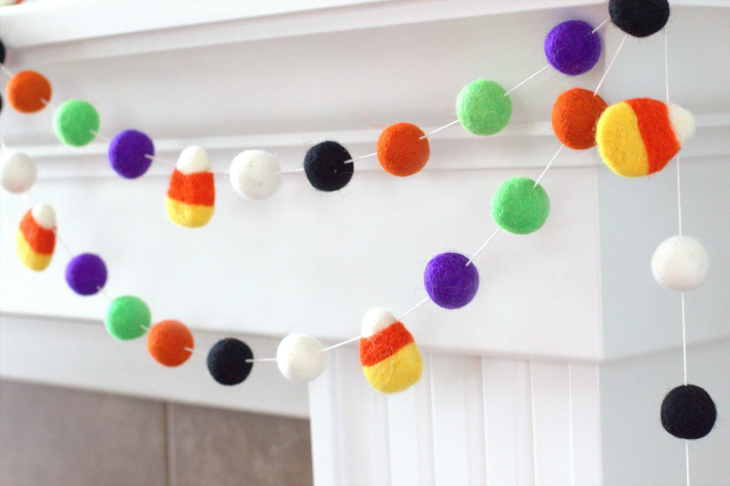 Candy Corn Felt Ball Garland- Orange Black Purple Green White