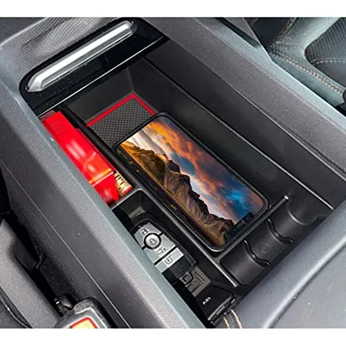 Center Console Organizer Tray Compatible with Musstang Mach-E 2021  Interior Accessories Armrest Console Insert Box ABS Secondary Storage with 2 Sets of Non-Slip Anti-Dust Mats (Red&Blue Mats)