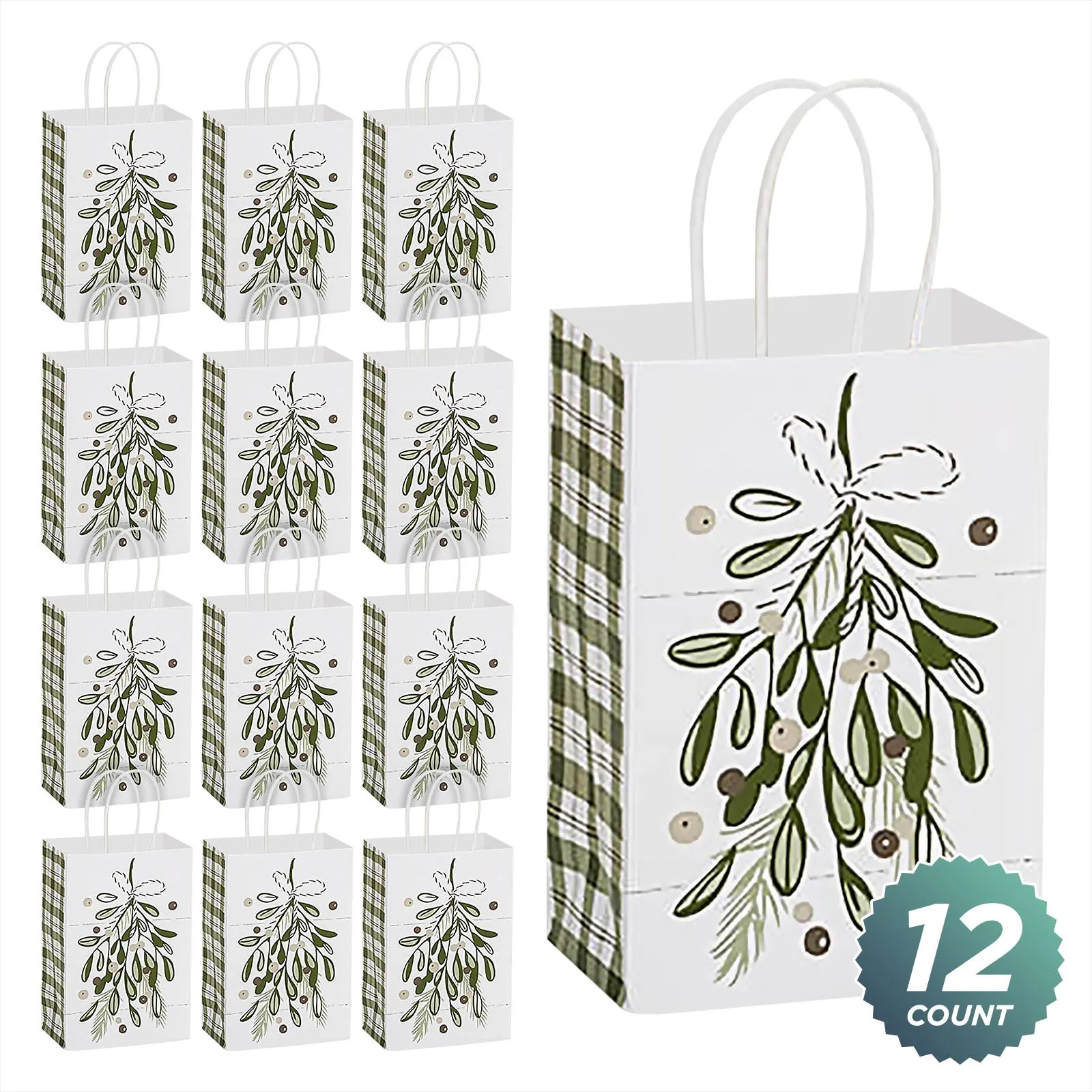 Christmas & Winter Farmhouse Plaid & Pine Paper Gift Bags and Party Favor Bags, Small Size - 5.25 Inches x 3.5 Inches x 8.25 Inches (12 Pack)