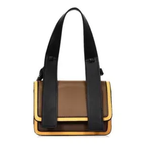 Color Block Flap Crossbody Bag with Handle - Coffee