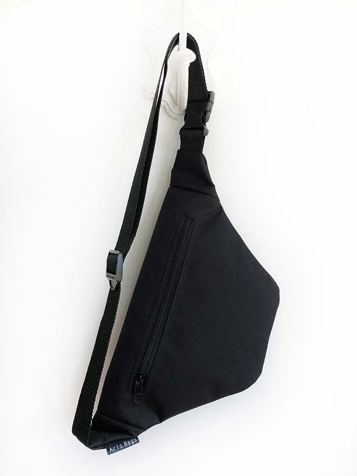 Cool Black Sling Bag, Minimal Zippered Chest Bag, Adjustable Strap Fanny Pack, Black Bum Bag