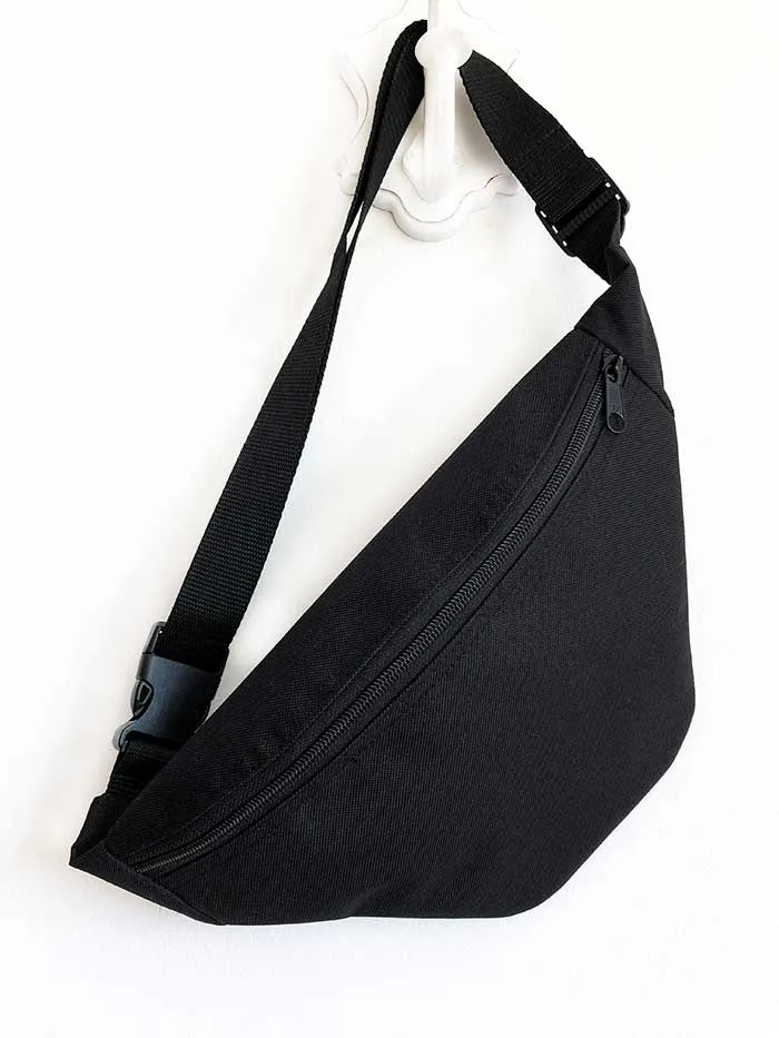 Cool Black Sling Bag, Minimal Zippered Chest Bag, Adjustable Strap Fanny Pack, Black Bum Bag