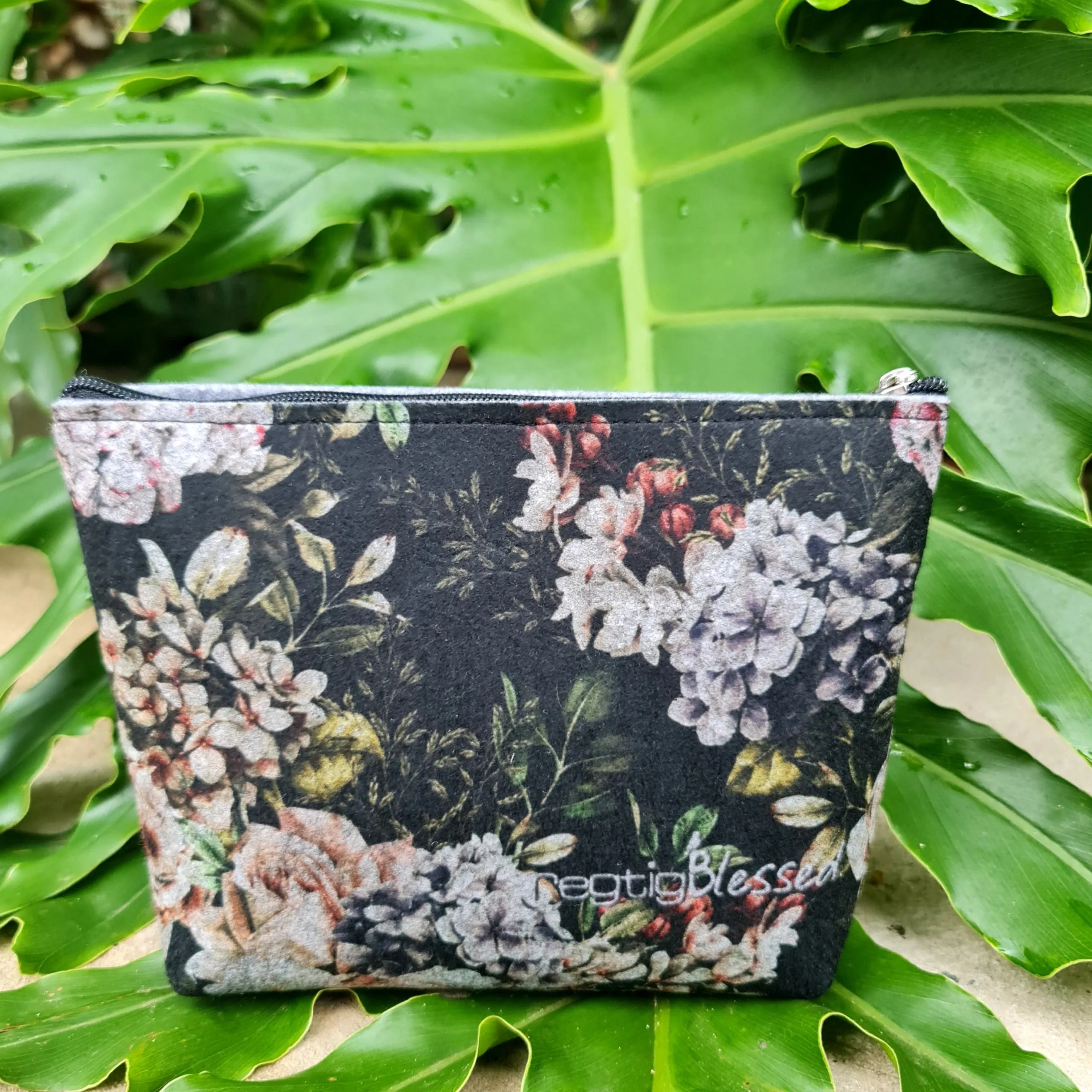 Dark Florals1 - Recycled Felt Cosmetic Bag