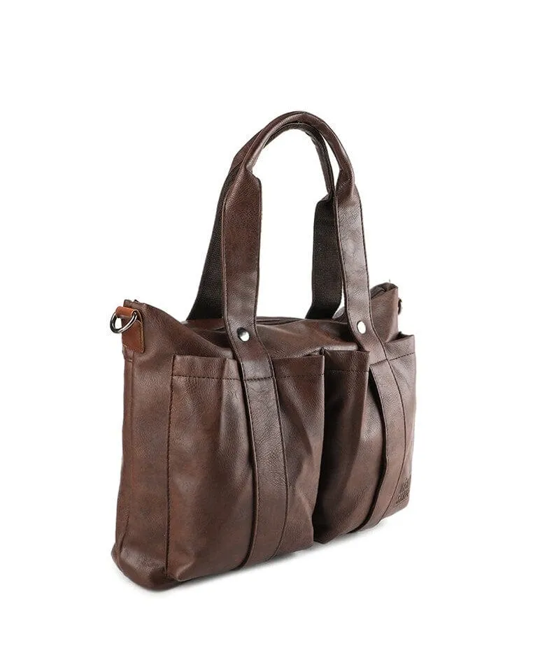 Distressed Leather Carryall Messenger Bag - Dark Brown