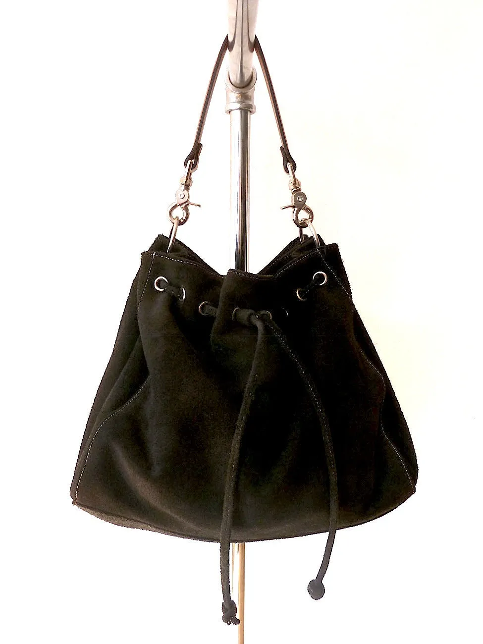 Draw String Hobo Pouch Suede Black