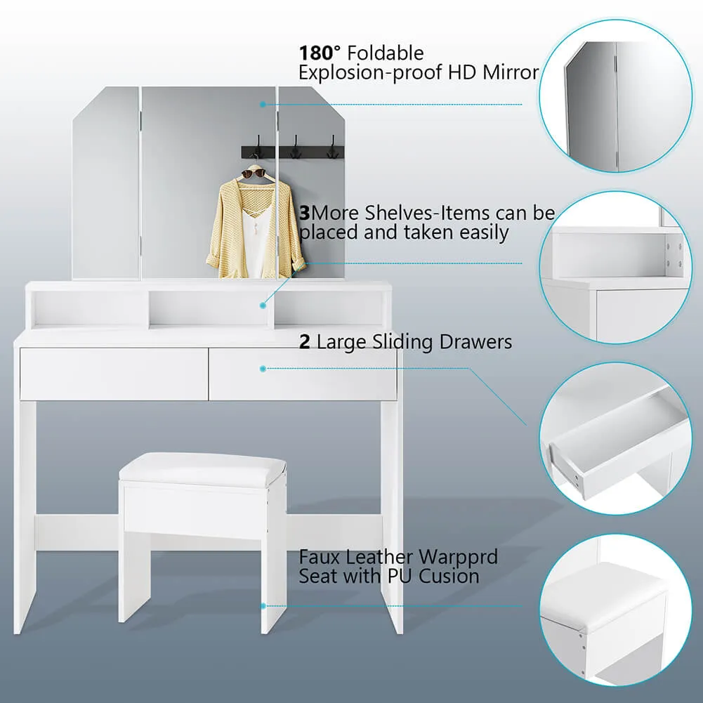 Dressing Table Mirror Stool Set Girls Vanity Makeup Desk Drawer Organizer White