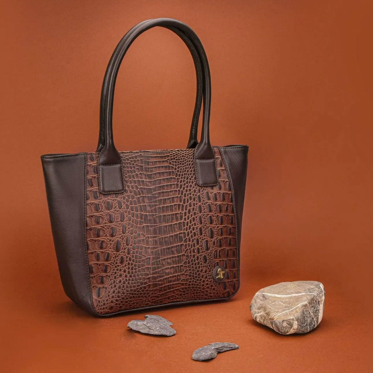 Elvis Leather Tote Bag For Women | Croco Embossed Genuine Leather | Color: Red, Black & Brown