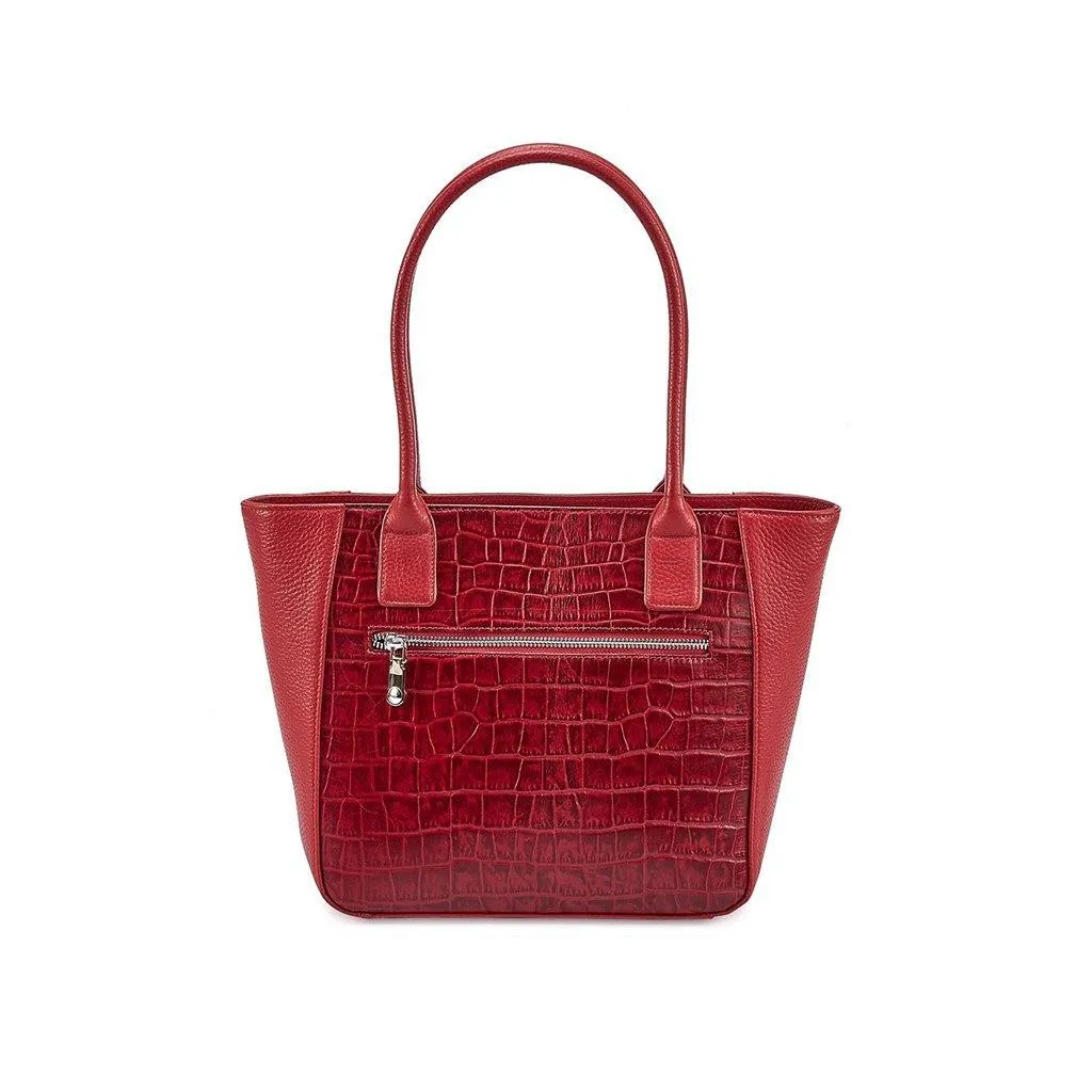 Elvis Leather Tote Bag For Women | Croco Embossed Genuine Leather | Color: Red, Black & Brown