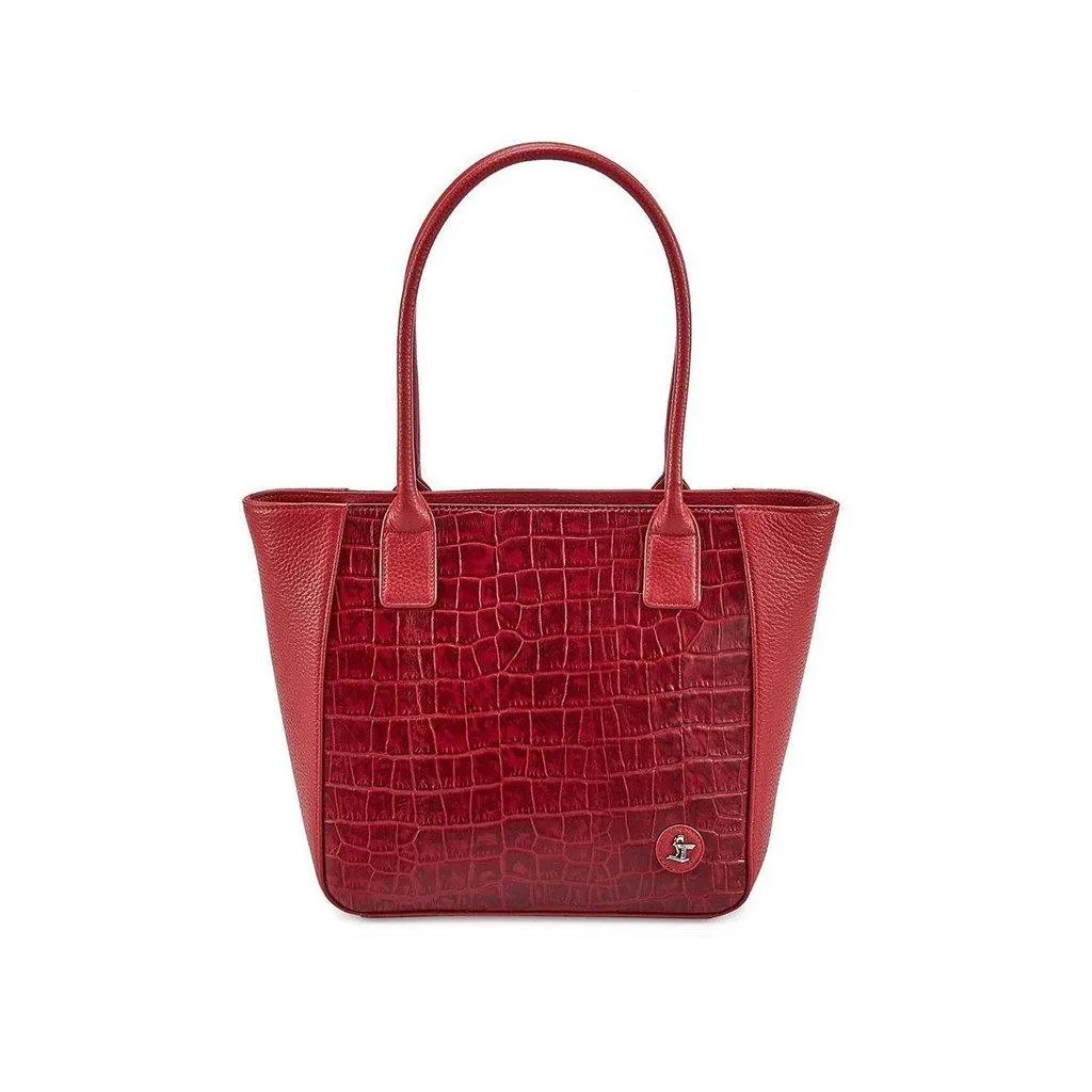 Elvis Leather Tote Bag For Women | Croco Embossed Genuine Leather | Color: Red, Black & Brown