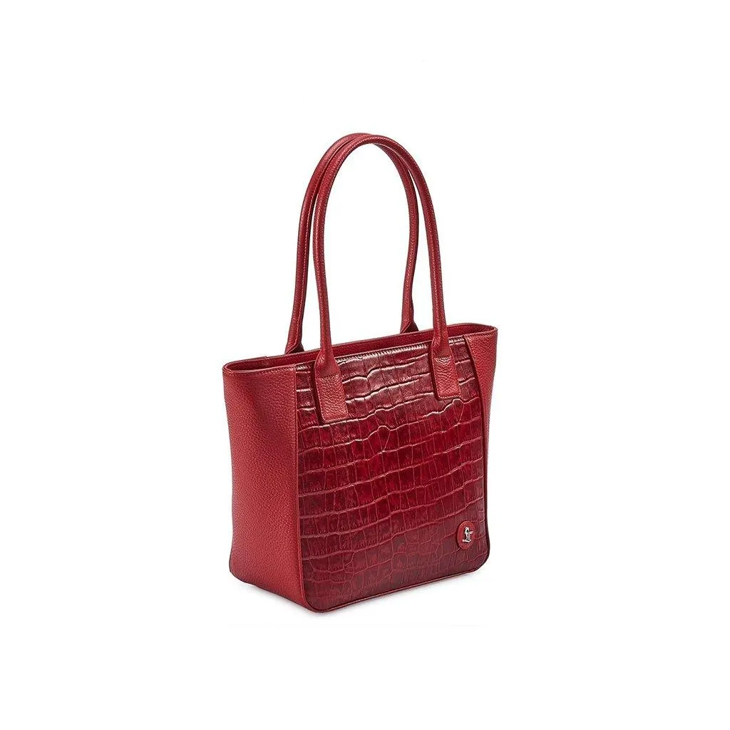 Elvis Leather Tote Bag For Women | Croco Embossed Genuine Leather | Color: Red, Black & Brown