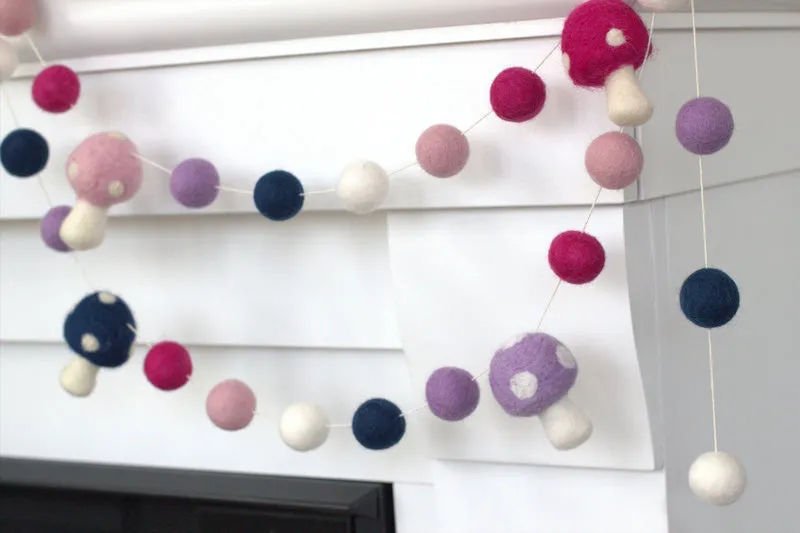 Felt Mushroom Garland- Pink, Purple, Blue