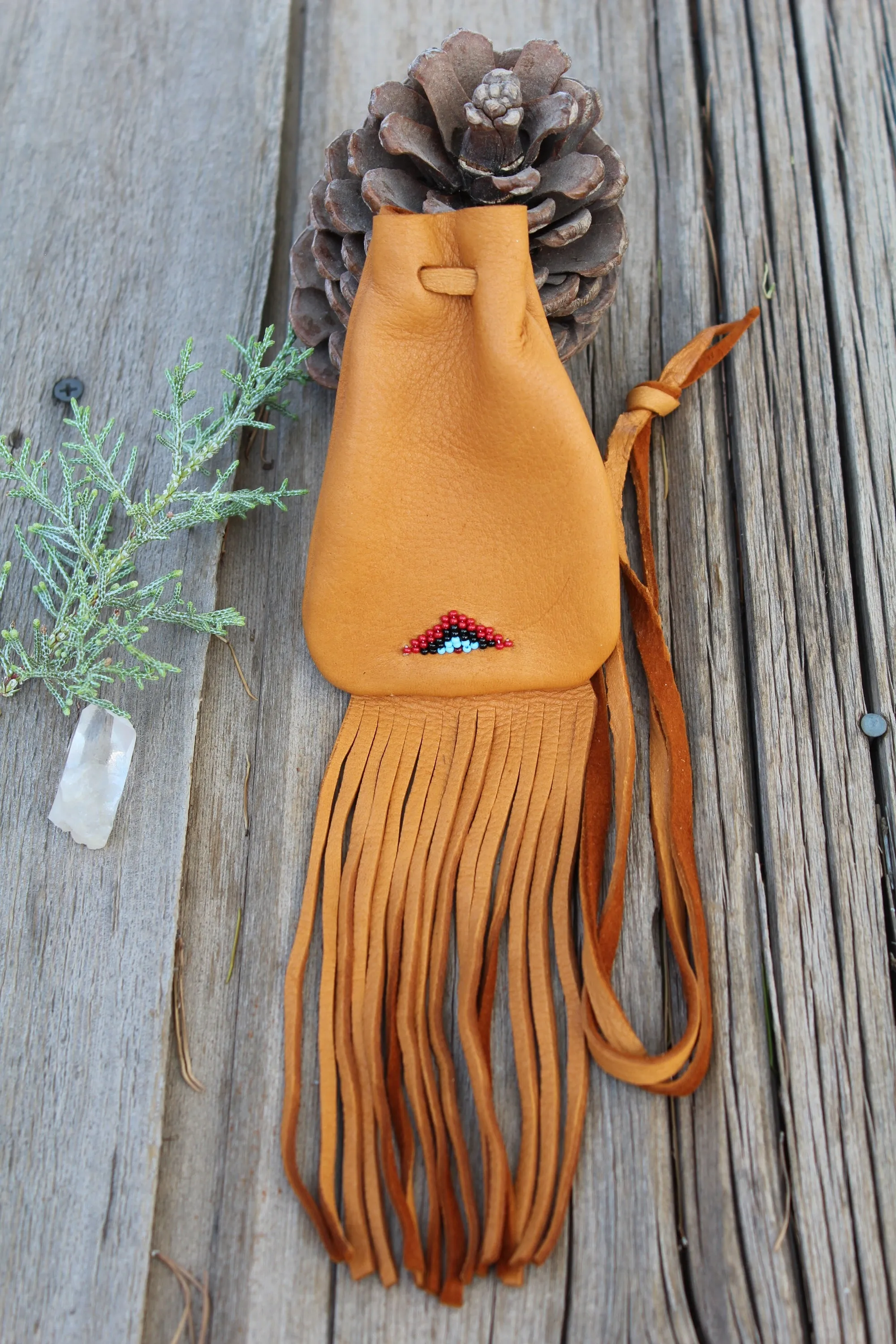 Fringed buckskin leather medicine bag, beaded amulet bag, necklace bag