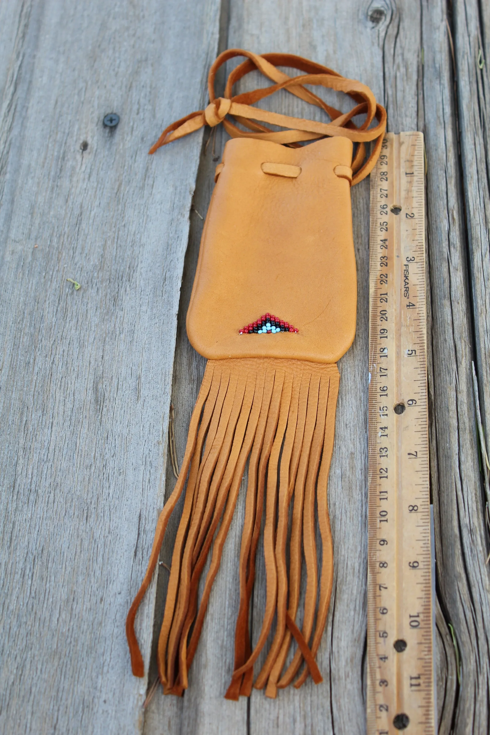 Fringed buckskin leather medicine bag, beaded amulet bag, necklace bag