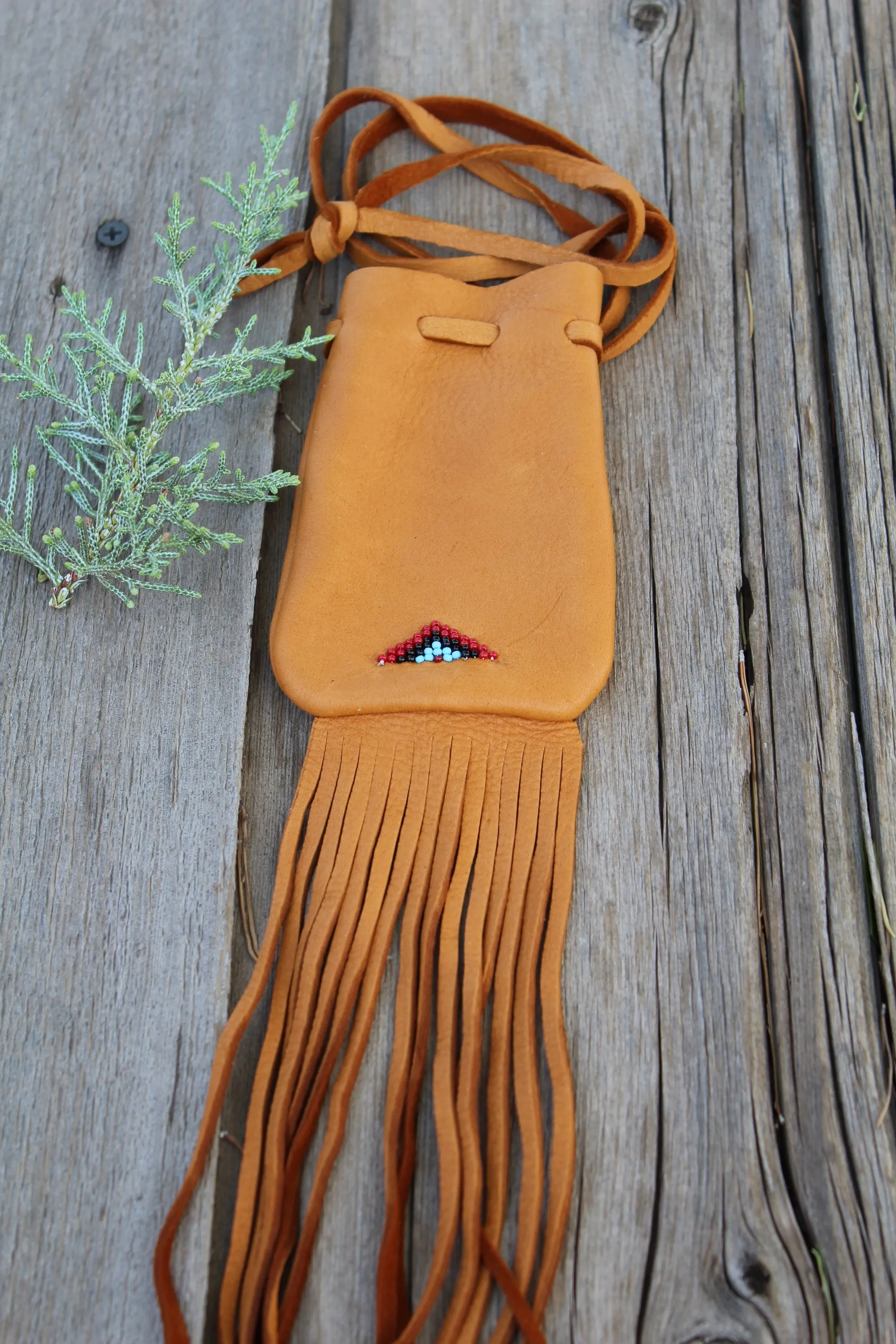 Fringed buckskin leather medicine bag, beaded amulet bag, necklace bag