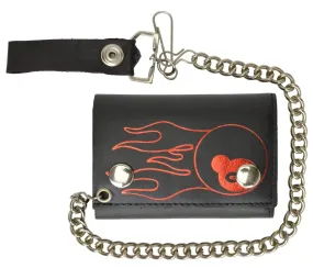 Genuine Leather Chain Trifold Biker Wallet with 8 Ball Long Flames 946-37 (C)