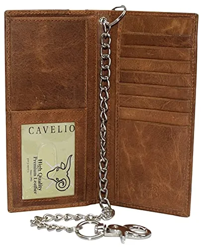 Genuine Leather Men's Chain Biker Wallet Long Bifold Checkbook RFID Blocking Wallets for Men