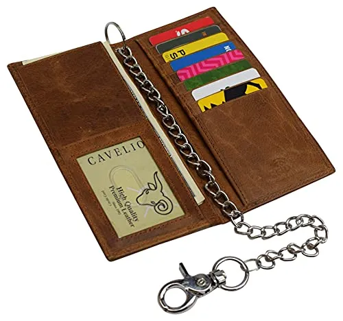 Genuine Leather Men's Chain Biker Wallet Long Bifold Checkbook RFID Blocking Wallets for Men