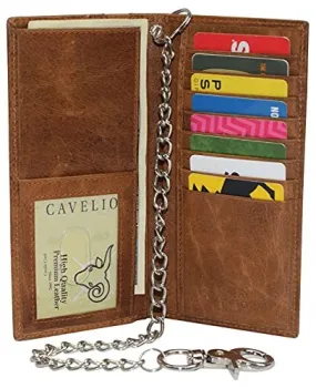 Genuine Leather Men's Chain Biker Wallet Long Bifold Checkbook RFID Blocking Wallets for Men