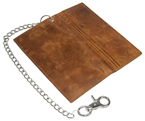 Genuine Leather Men's Chain Biker Wallet Long Bifold Checkbook RFID Blocking Wallets for Men