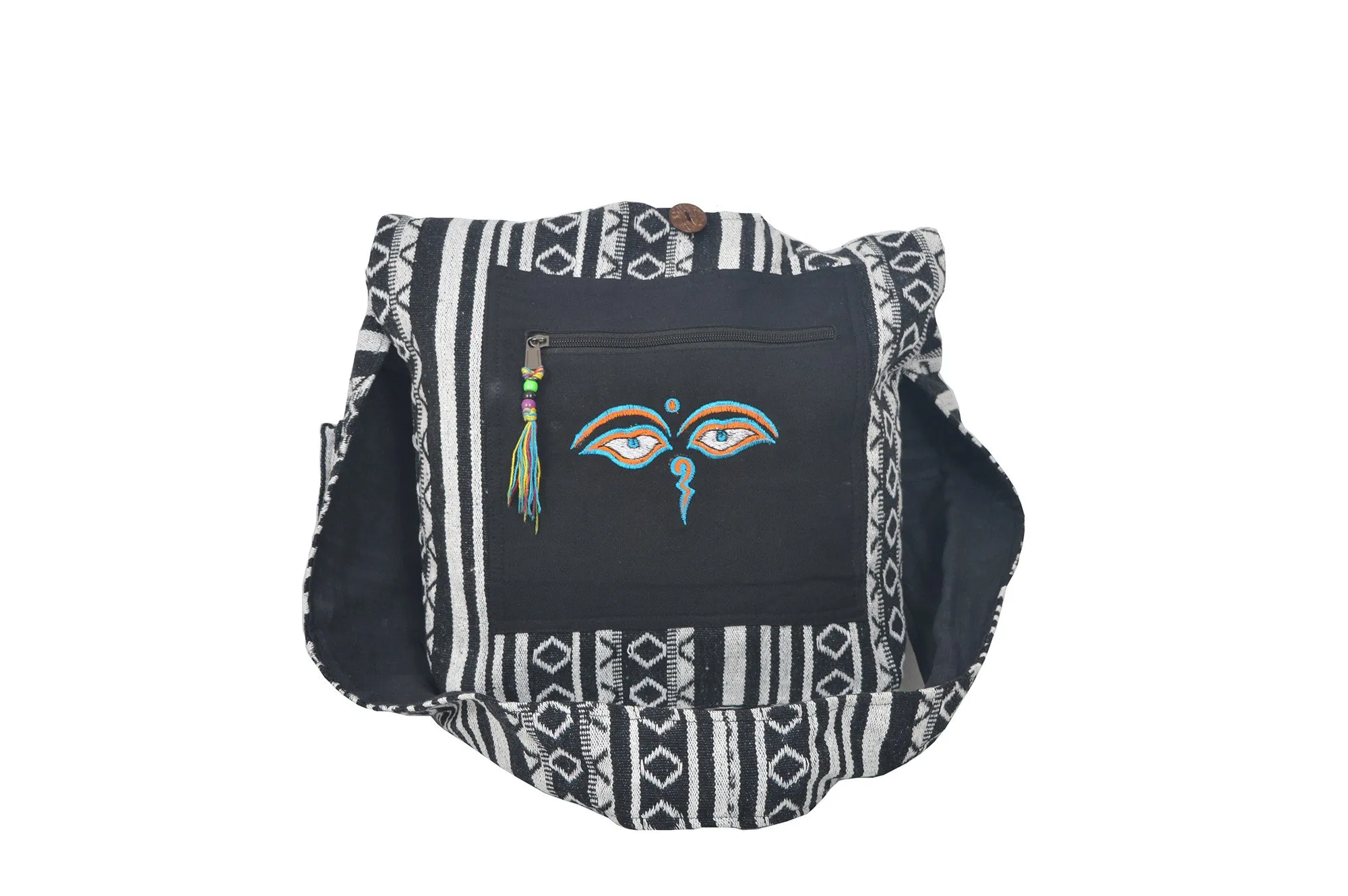 Gherri black shoulder tote messenger summer bag with Buddha eyes embroidery- SDBG-1035BLK