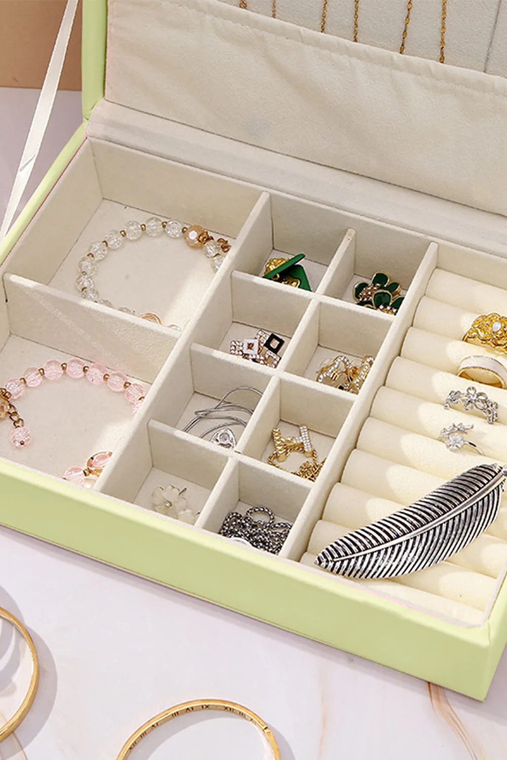 Grass Green Stitched Detail PU Jewelry Organizer