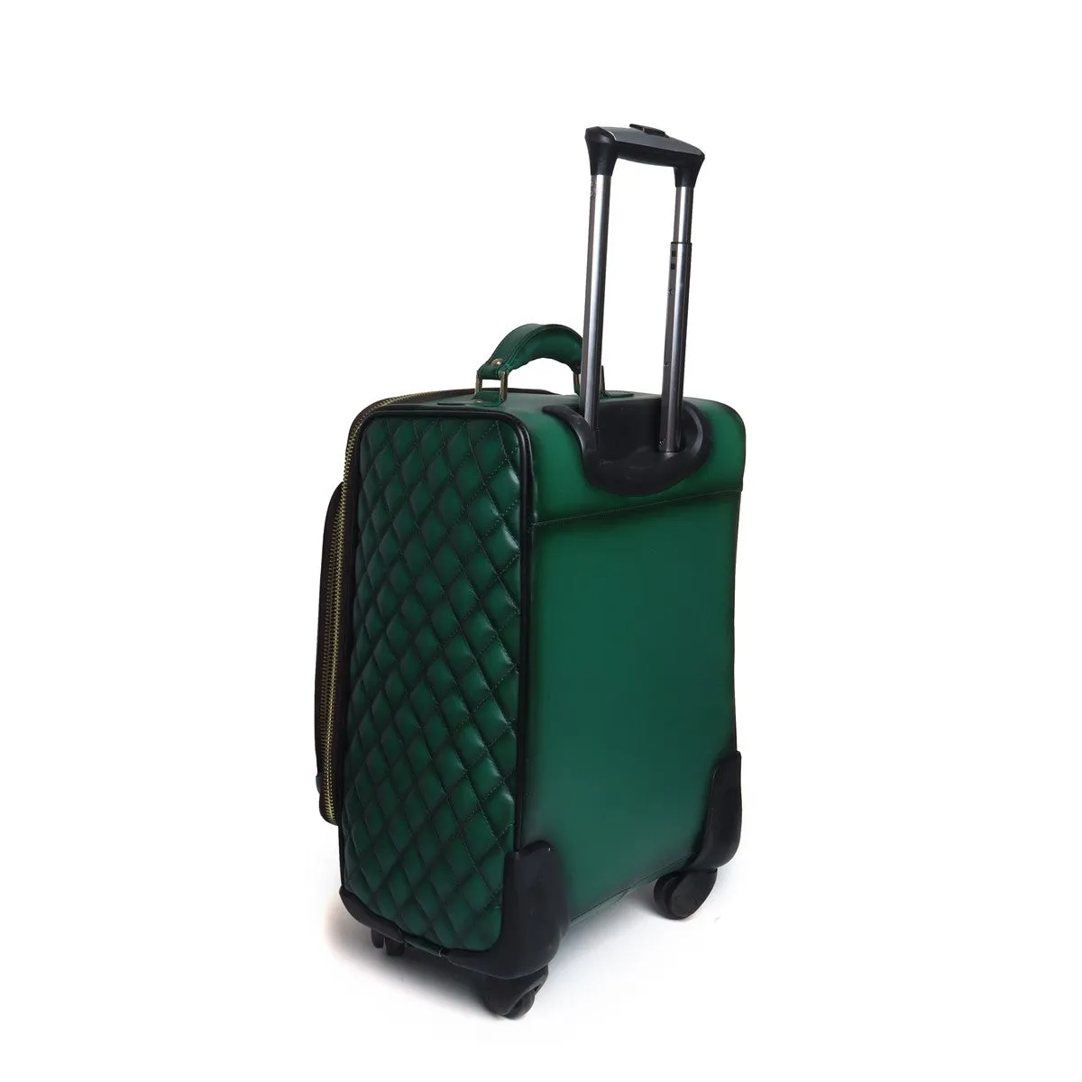 Green Leather Diamond Stitched Quad Wheel Trolly Bag by Brune & Bareskin