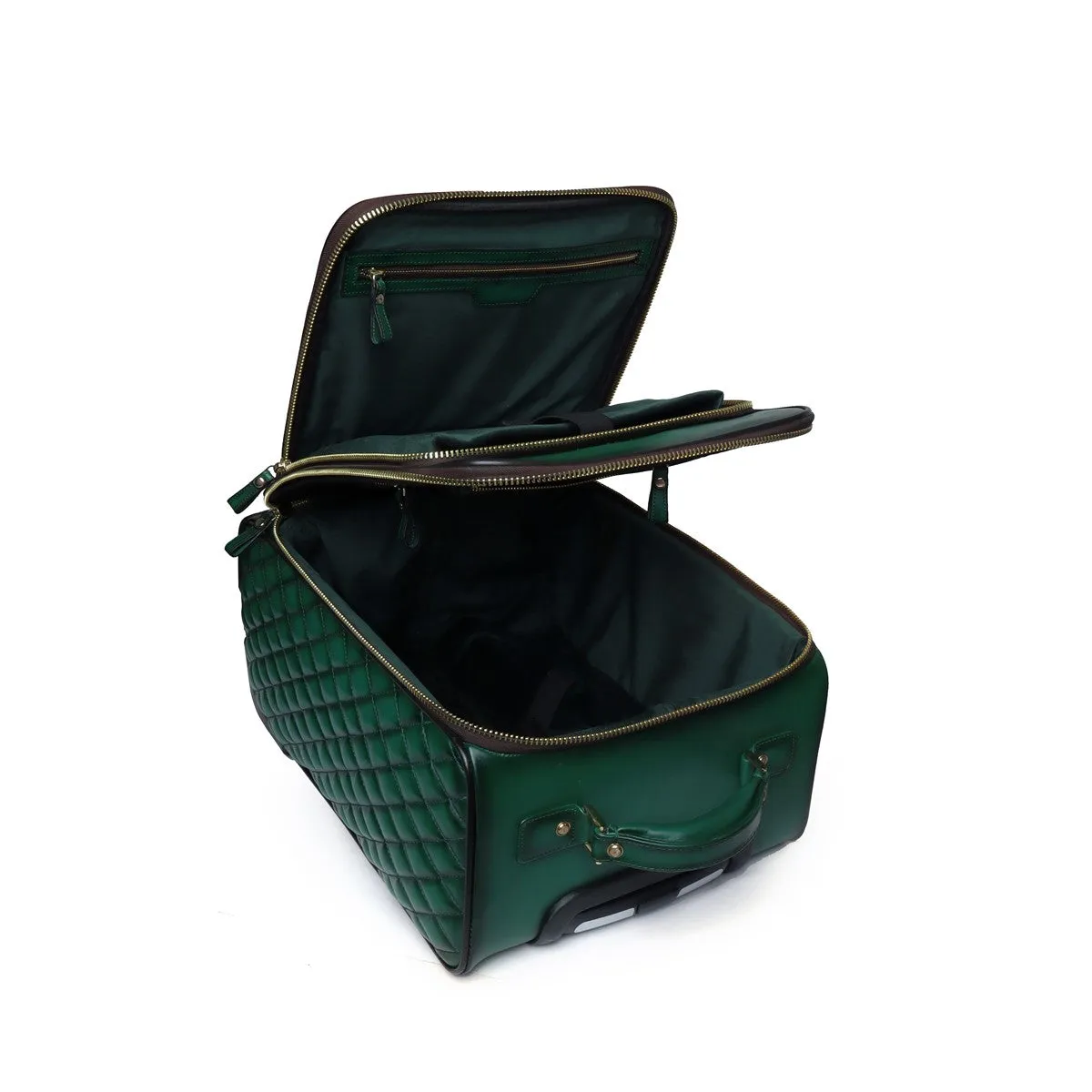 Green Leather Diamond Stitched Quad Wheel Trolly Bag by Brune & Bareskin