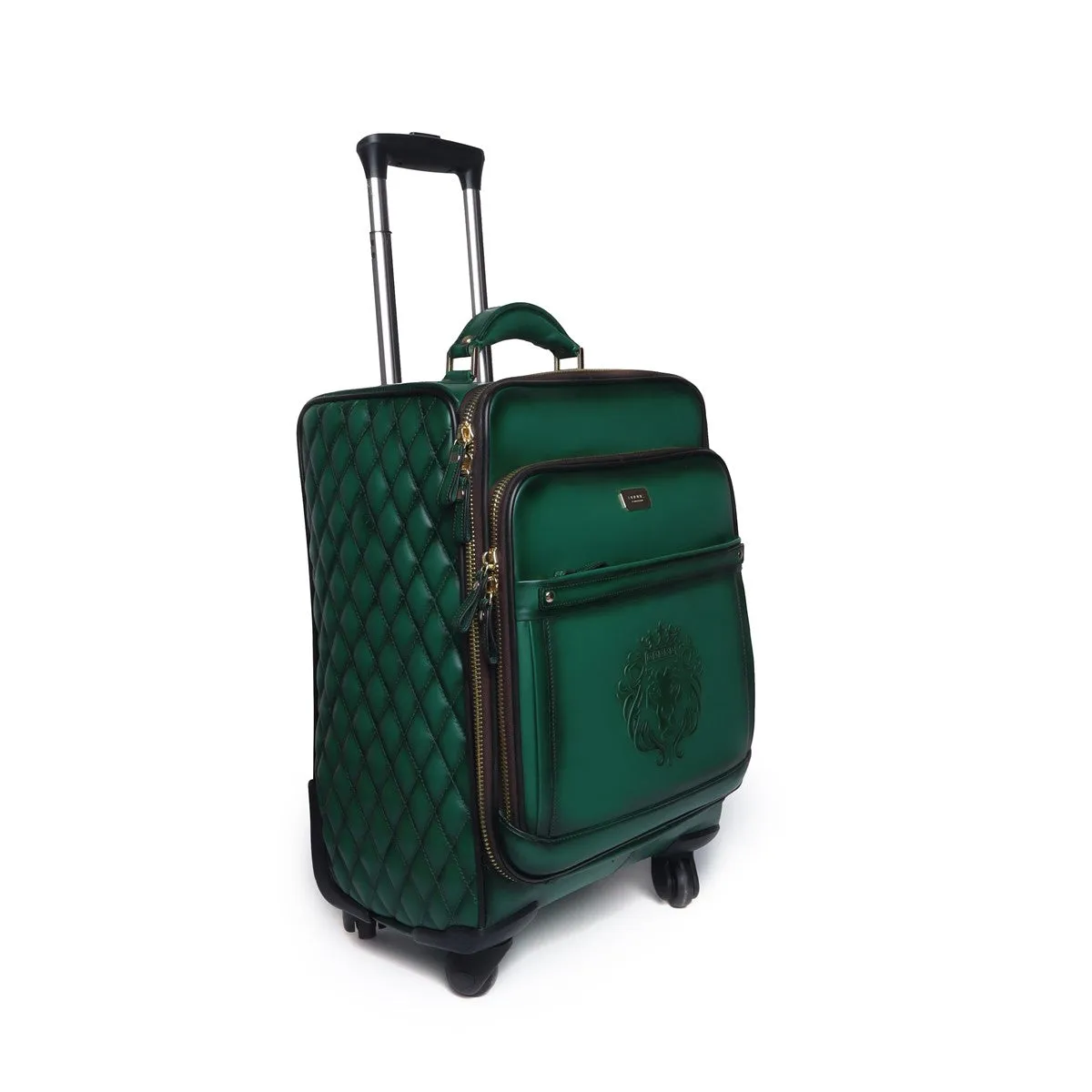 Green Leather Diamond Stitched Quad Wheel Trolly Bag by Brune & Bareskin