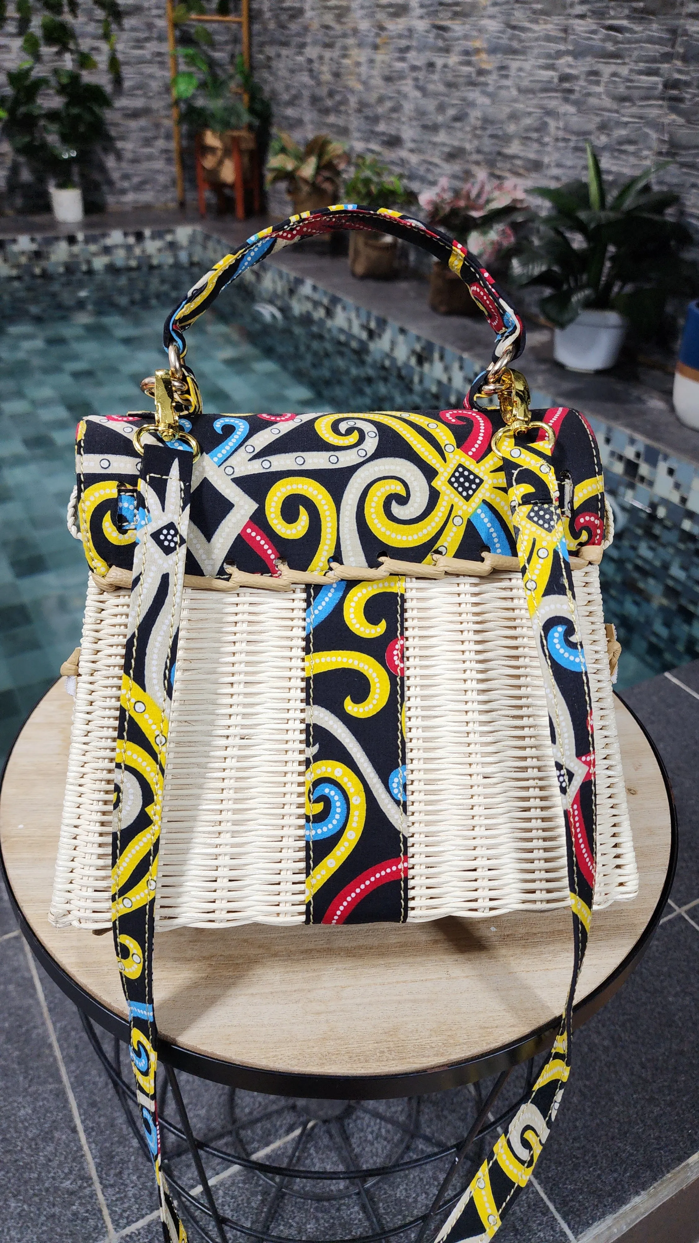 Handcrafted wicker bag, combine with Borneo Ethnic Tribal Cloth, Small size (25cm)